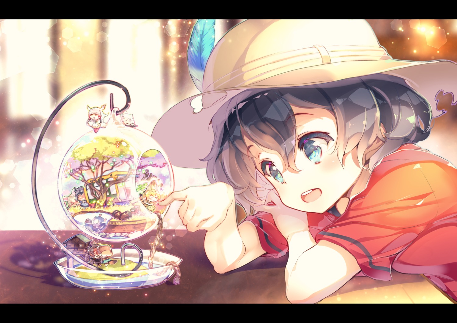 alpaca_suri, animal_ears, chibi, common_raccoon, crested_ibis, fennec_(kemono_friends), fujishimasei_1_gou, kaban_(kemono_friends)