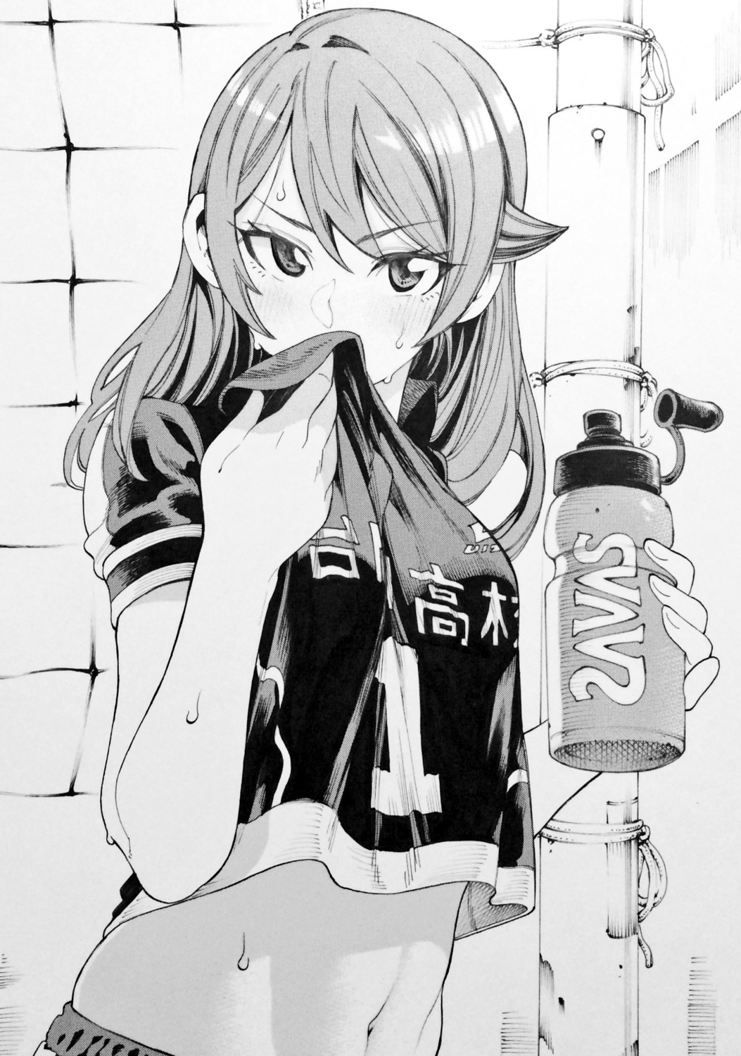 gym_uniform, monochrome, nakajima_ryou, shirt_lift, wet