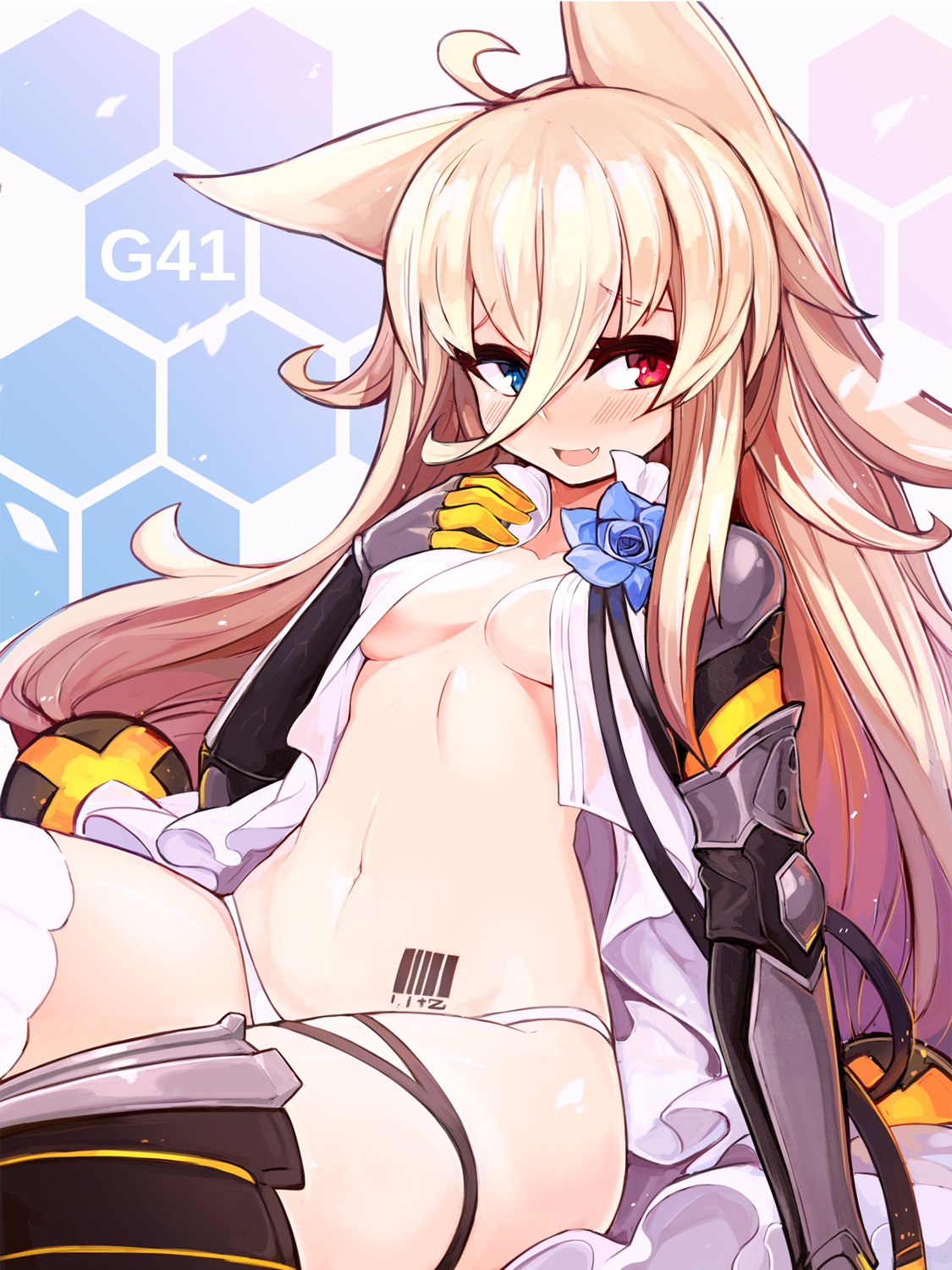 animal_ears, cleavage, g41_(girls_frontline), girls_frontline, heterochromia, mou_tama_maru, no_bra, open_shirt, pantsu, tattoo, thighhighs