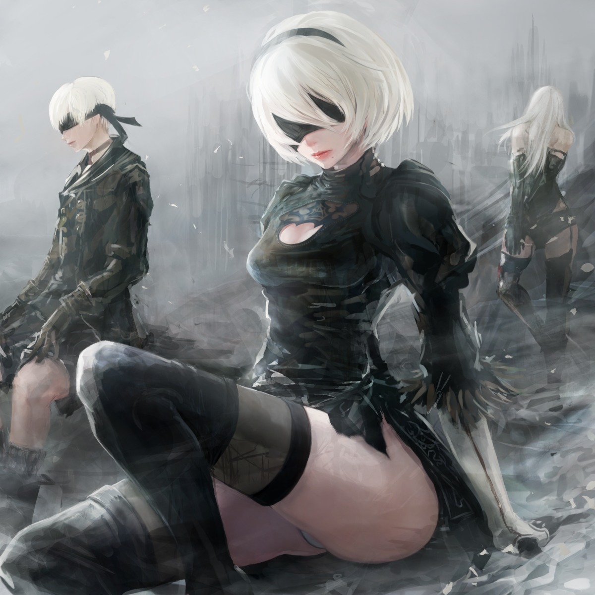 cleavage, dress, nier, nier_automata, pantsu, stockings, thighhighs, torn_clothes, yamamoto_no_ari, yorha_no.2_type_b, yorha_no.9_type_s, yorha_type_a_no.2