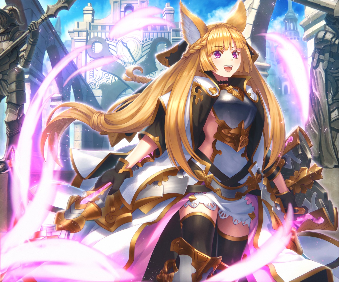 animal_ears, armor, granblue_fantasy, kaina_(tsubasakuronikuru), thighhighs, weapon, yuisis_(granblue_fantasy)