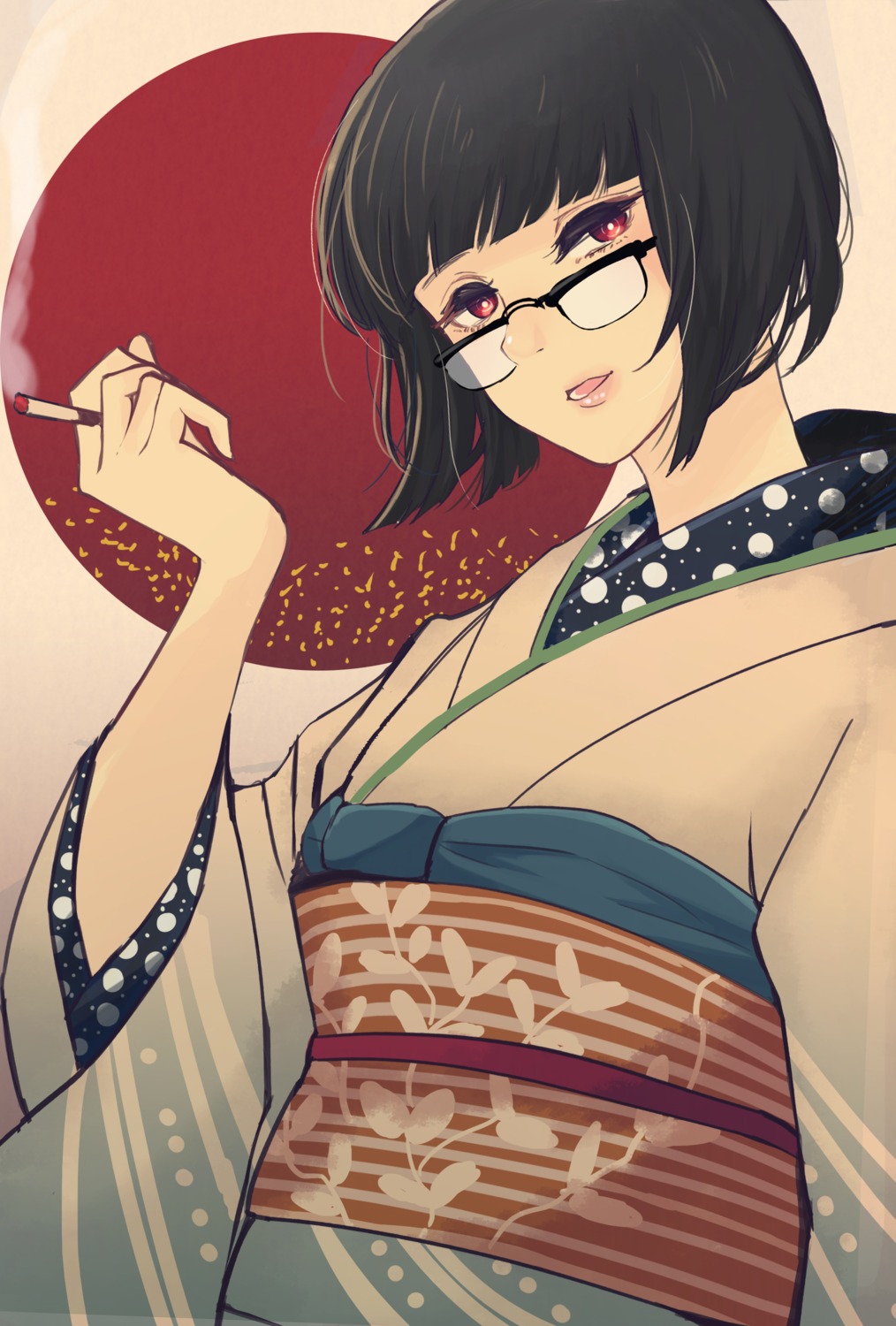 bashikou, kimono, megane, smoking