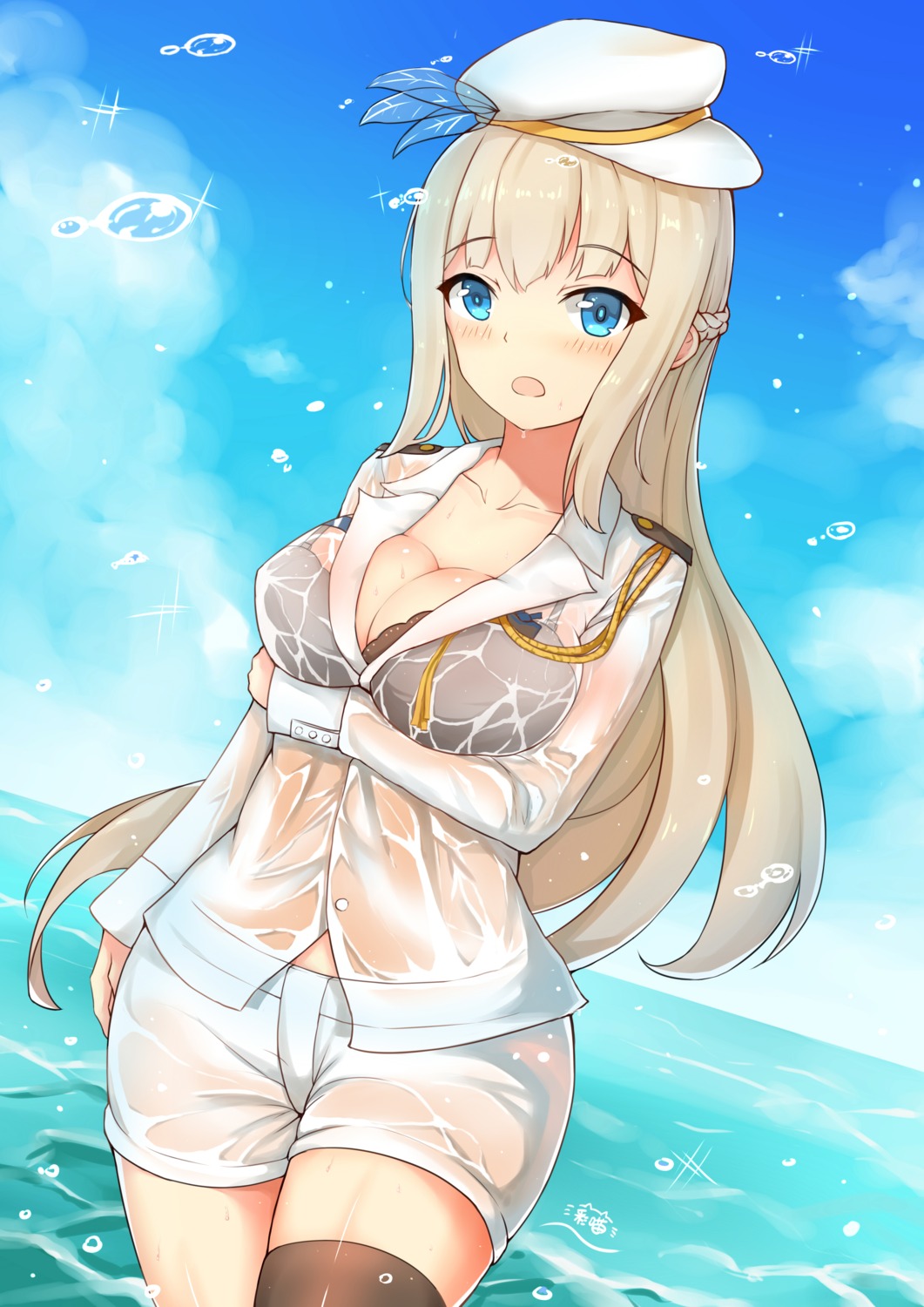 bra, breast_hold, cleavage, lexington_(zhanjianshaonv), see_through, thighhighs, uniform, wet, wet_clothes, zhanjianshaonv, zhudacaimiao