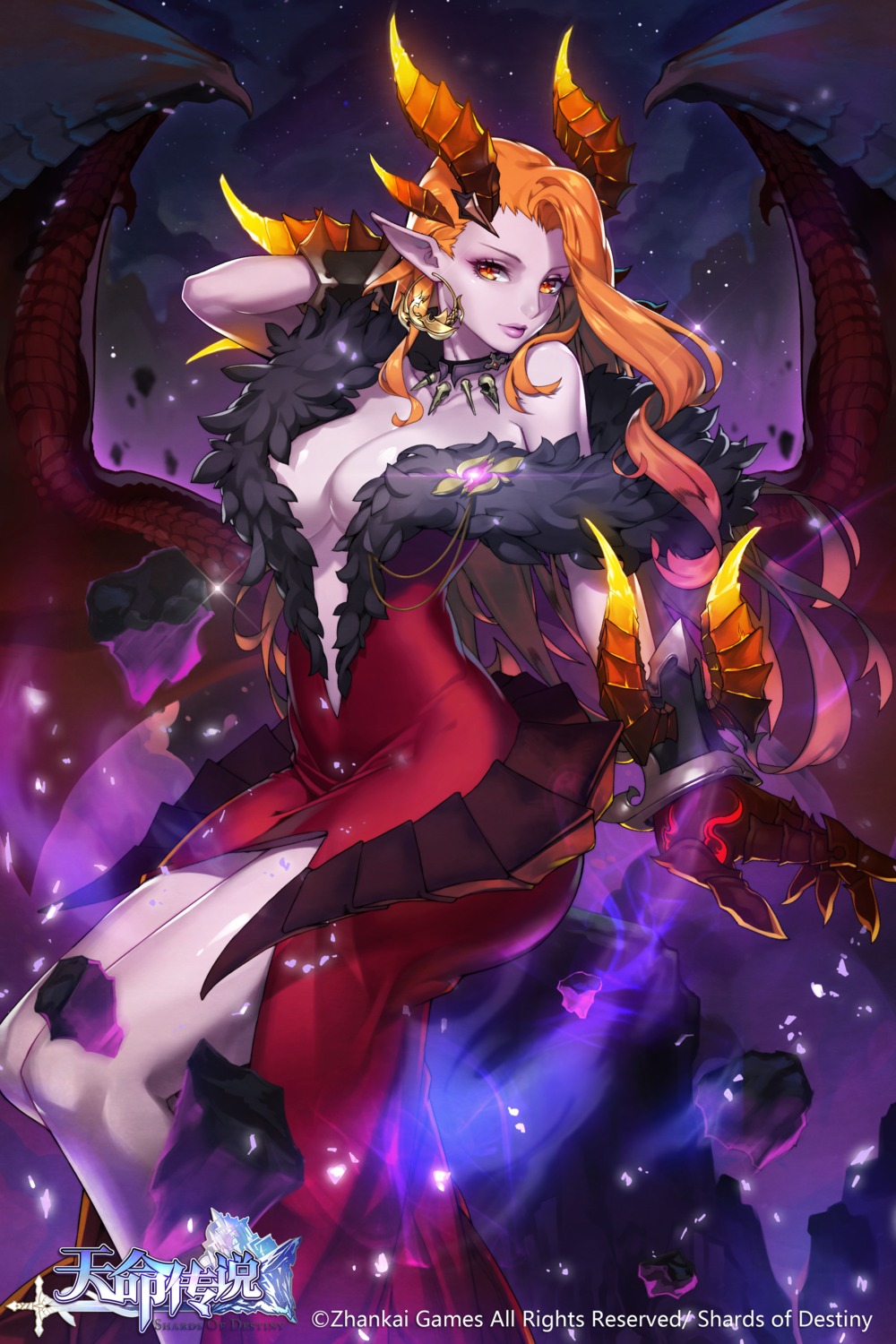 cleavage, dress, horns, niangsansansan, no_bra, open_shirt, pointy_ears, wings