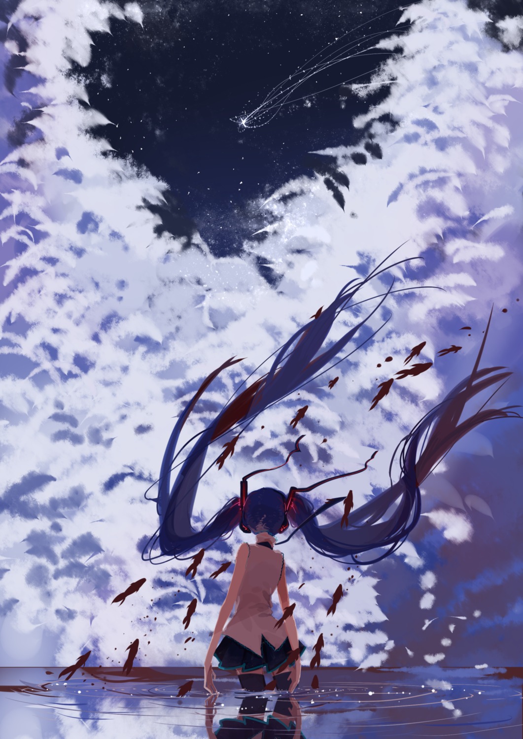 hatsune_miku, headphones, landscape, thighhighs, vocaloid, wet, xiaonuo_(1906803064)