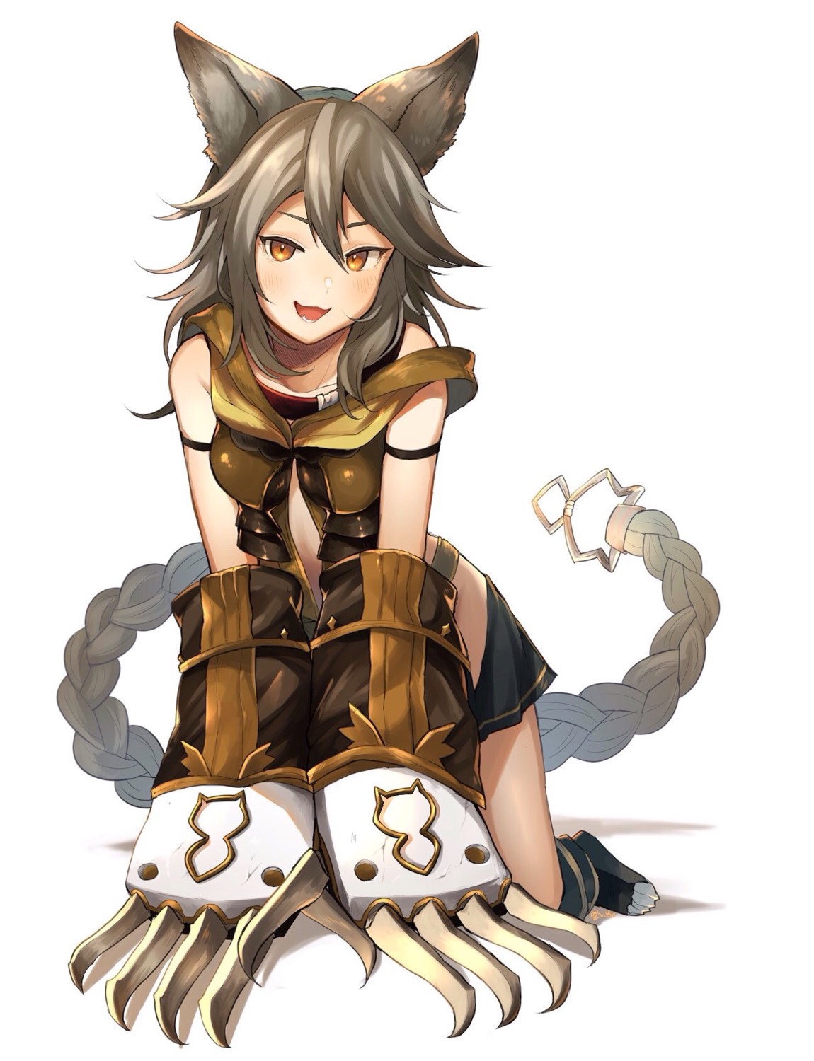 animal_ears, armor, granblue_fantasy, no_bra, open_shirt, sen_(granblue_fantasy), shibainu, weapon