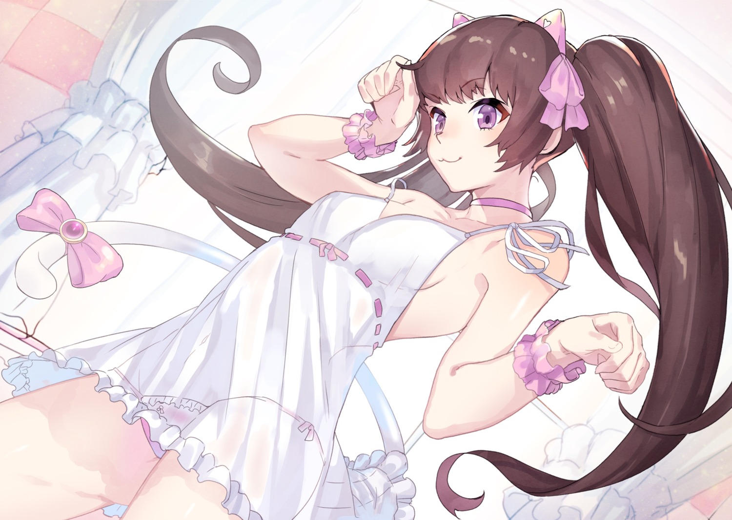 akiyoshi_nozomu, animal_ears, cleavage, lingerie, nekomimi, no_bra, pantsu, see_through, tail