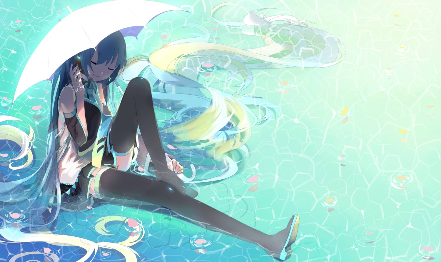 hatsune_miku, headphones, thighhighs, umbrella, vocaloid, wet, xiaonuo_(1906803064)