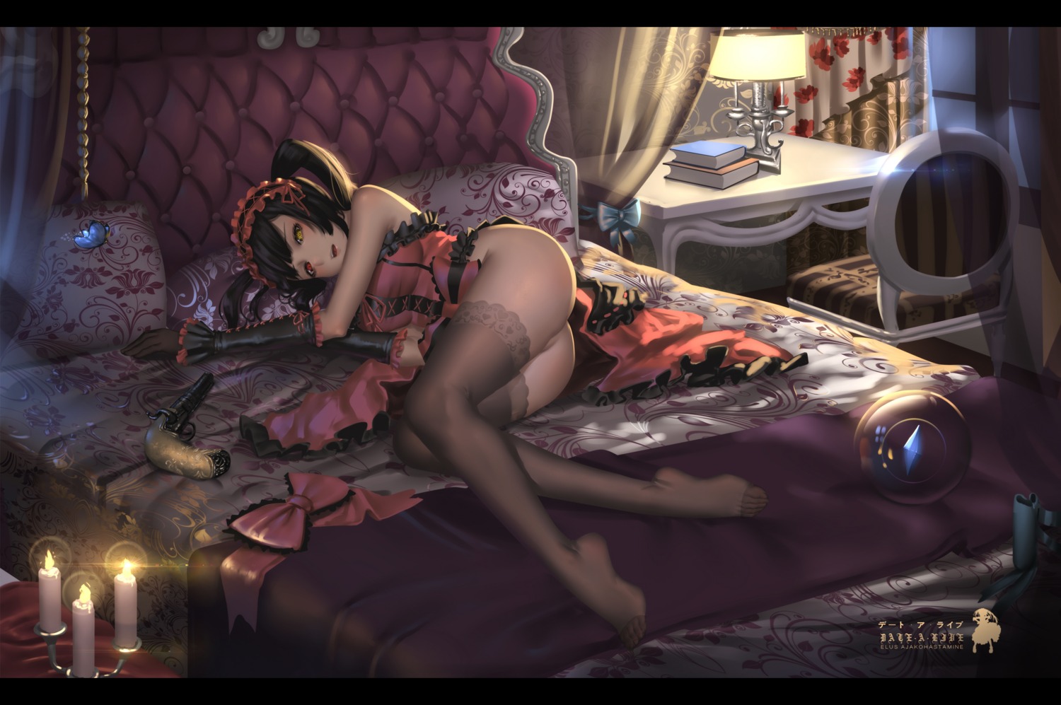 ass, date_a_live, dress, feet, gothic_lolita, heterochromia, hk_(hk), lolita_fashion, nopan, thighhighs, tokisaki_kurumi