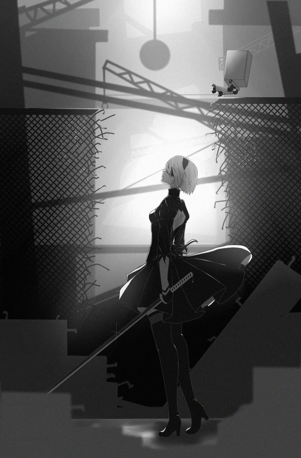 dress, monochrome, nier, nier_automata, sword, thighhighs, wukun, yorha_no.2_type_b