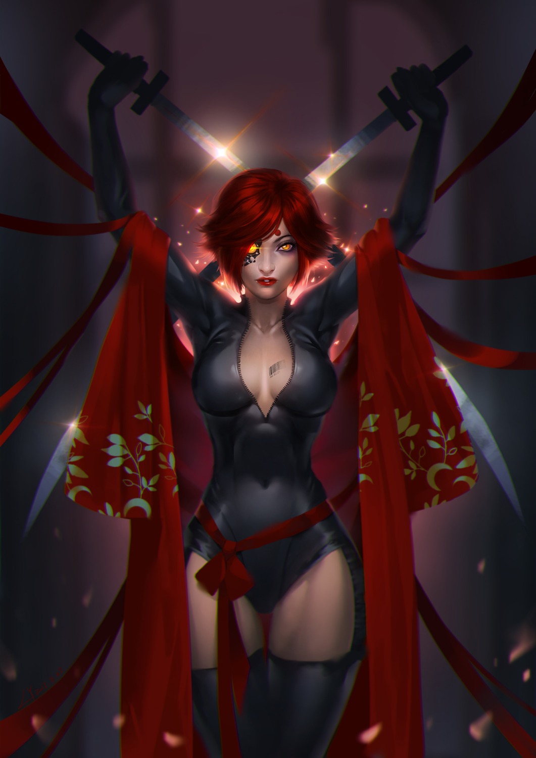 cleavage, lian_yao, no_bra, open_shirt, sword, tattoo, thighhighs
