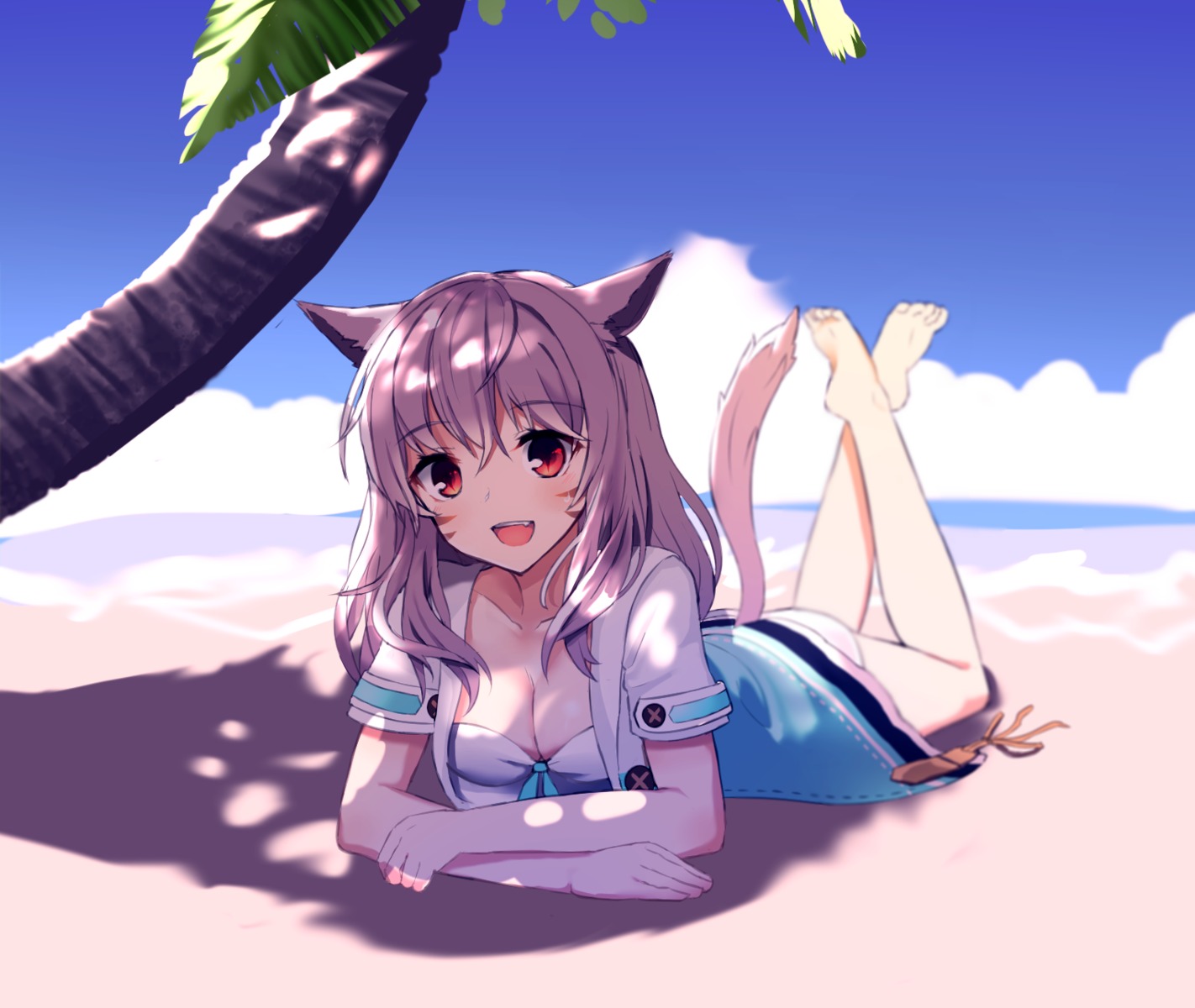 animal_ears, bikini, cleavage, final_fantasy, final_fantasy_xiv, miqo'te, naitsu, open_shirt, swimsuits, tail