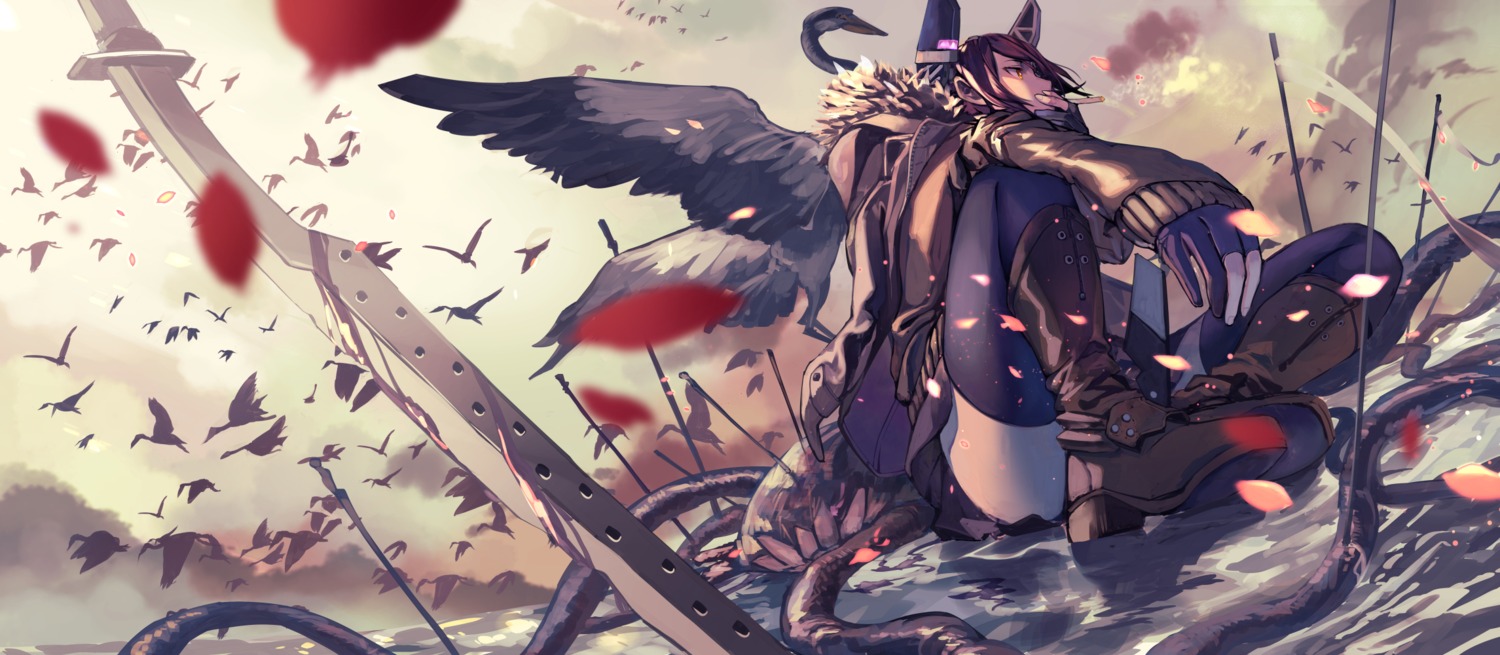 blood, eyepatch, fujita_(condor), heels, kantai_collection, sword, tenryuu_(kancolle), thighhighs
