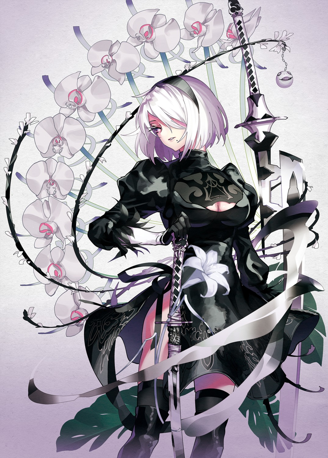 cleavage, dress, nier, nier_automata, sword, thighhighs, tsurukame, yorha_no.2_type_b