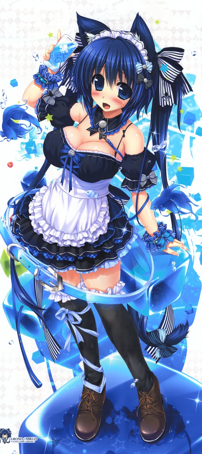 animal_ears, black_paper_fortune, cleavage, maid, nekomimi, oshiki_hitoshi, tail, thighhighs
