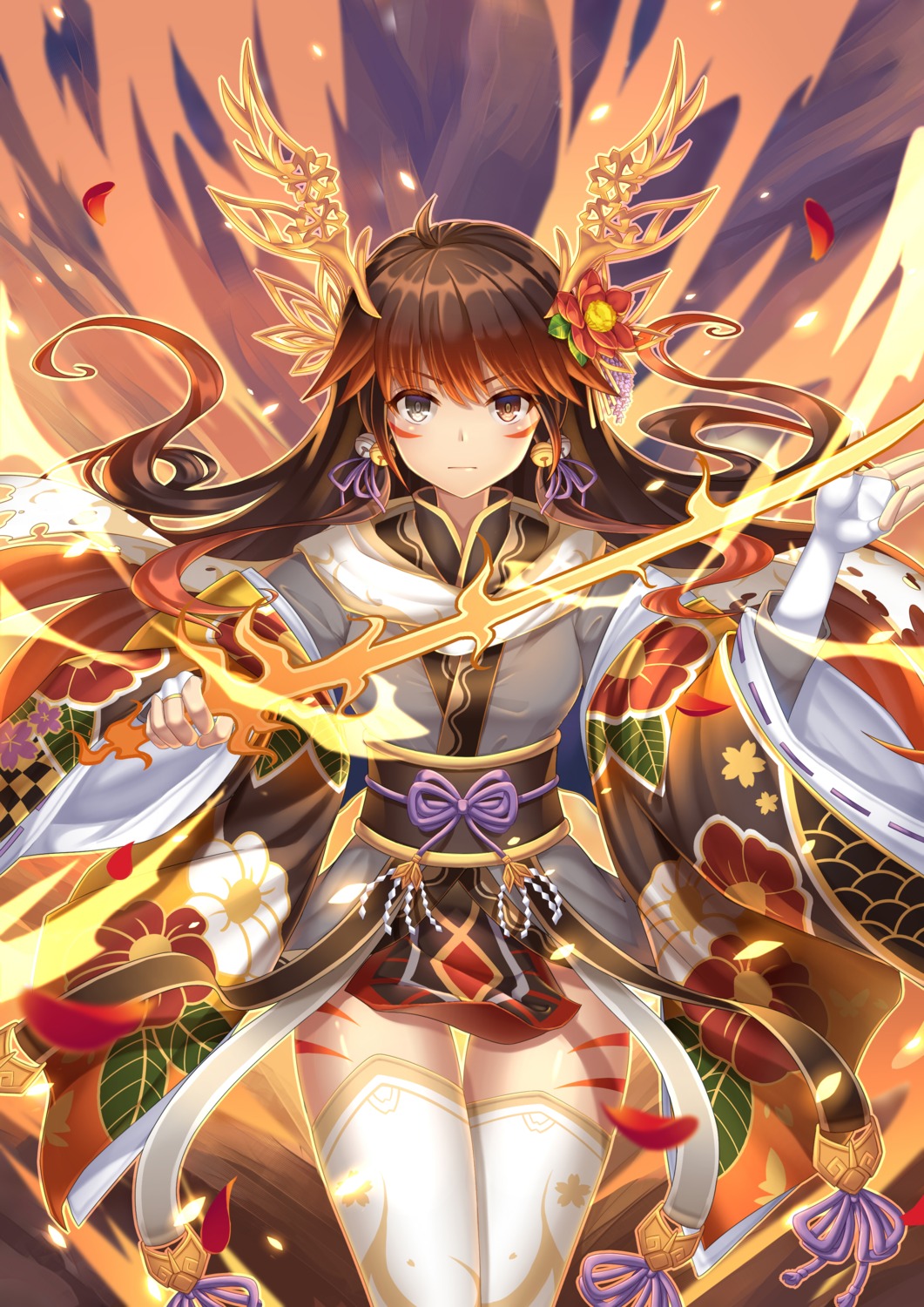 japanese_clothes, kuta_(shi_cai), puzzle_&_dragons, sword, tattoo, thighhighs, tsubaki_(puzzle_&_dragons)