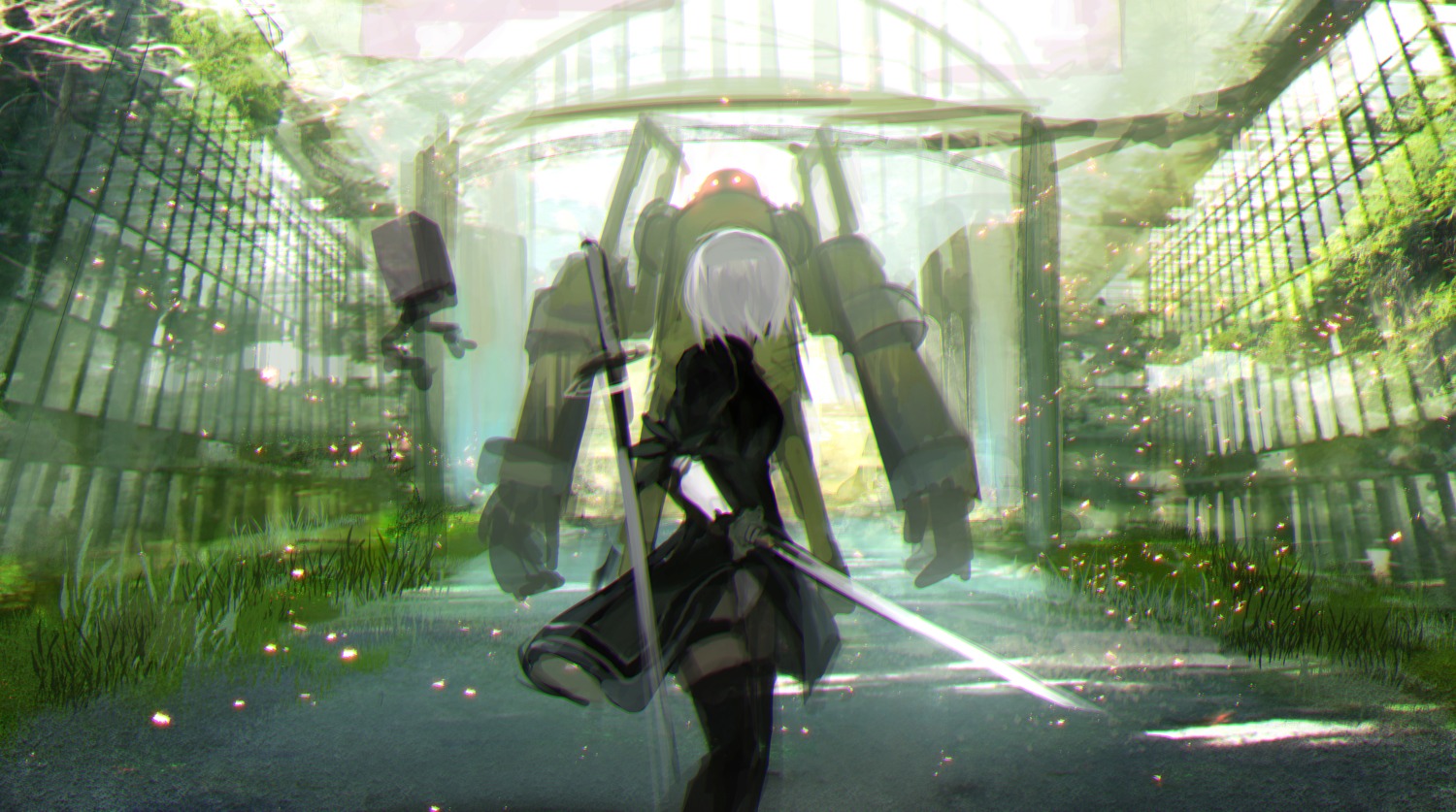 dress, mecha, nier, nier_automata, pantyhose, sword, tarbo_(exxxpiation), yorha_no.2_type_b