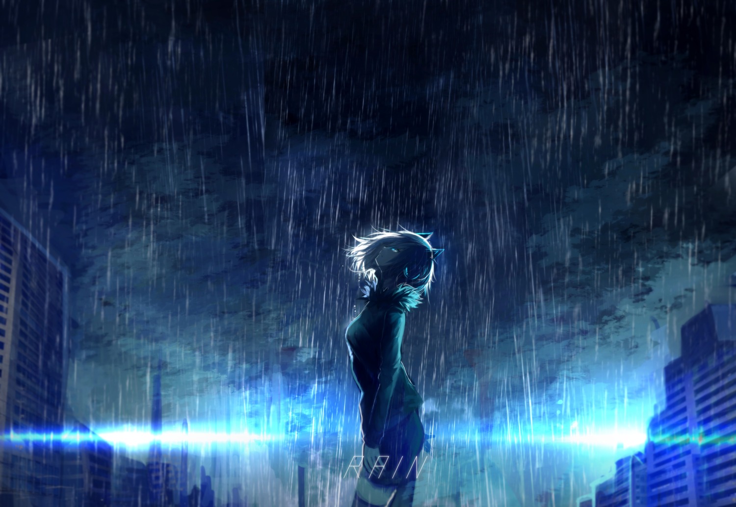 animal_ears, headphones, landscape, nekomimi, tarbo_(exxxpiation), thighhighs, wet