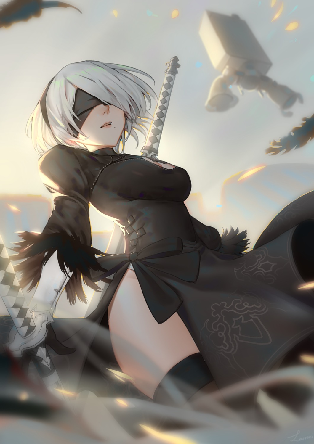 cleavage, dress, lanzi_(415460661), nier, nier_automata, sword, thighhighs, yorha_no.2_type_b