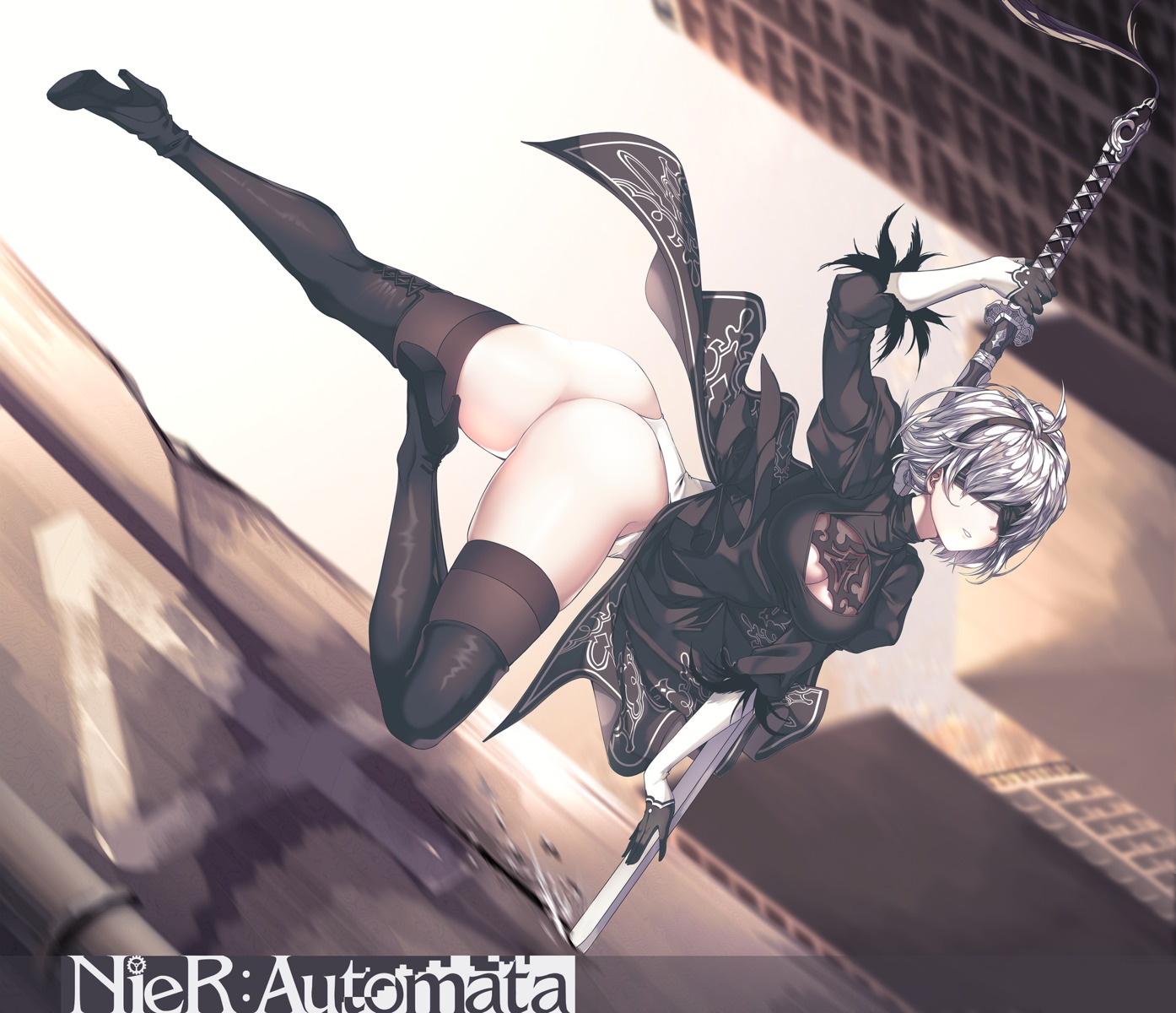 ass, cleavage, dress, heels, kinos_(kw00789), leotard, nier, nier_automata, sword, thighhighs, yorha_no.2_type_b