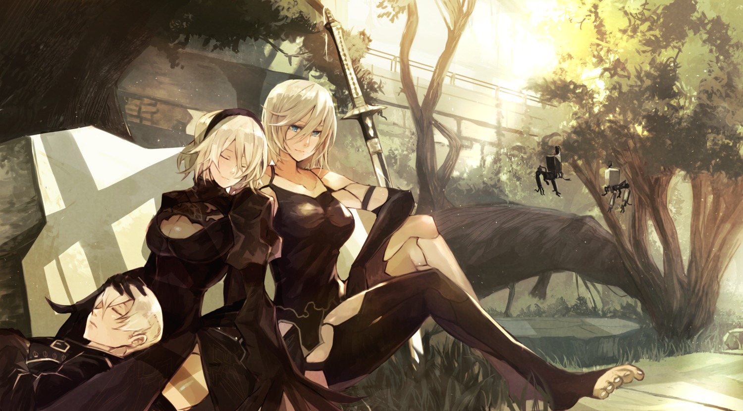 cleavage, dress, mono_(artist), nier, nier_automata, pantsu, sword, thighhighs, yorha_no.2_type_b, yorha_no.9_type_s, yorha_type_a_no.2