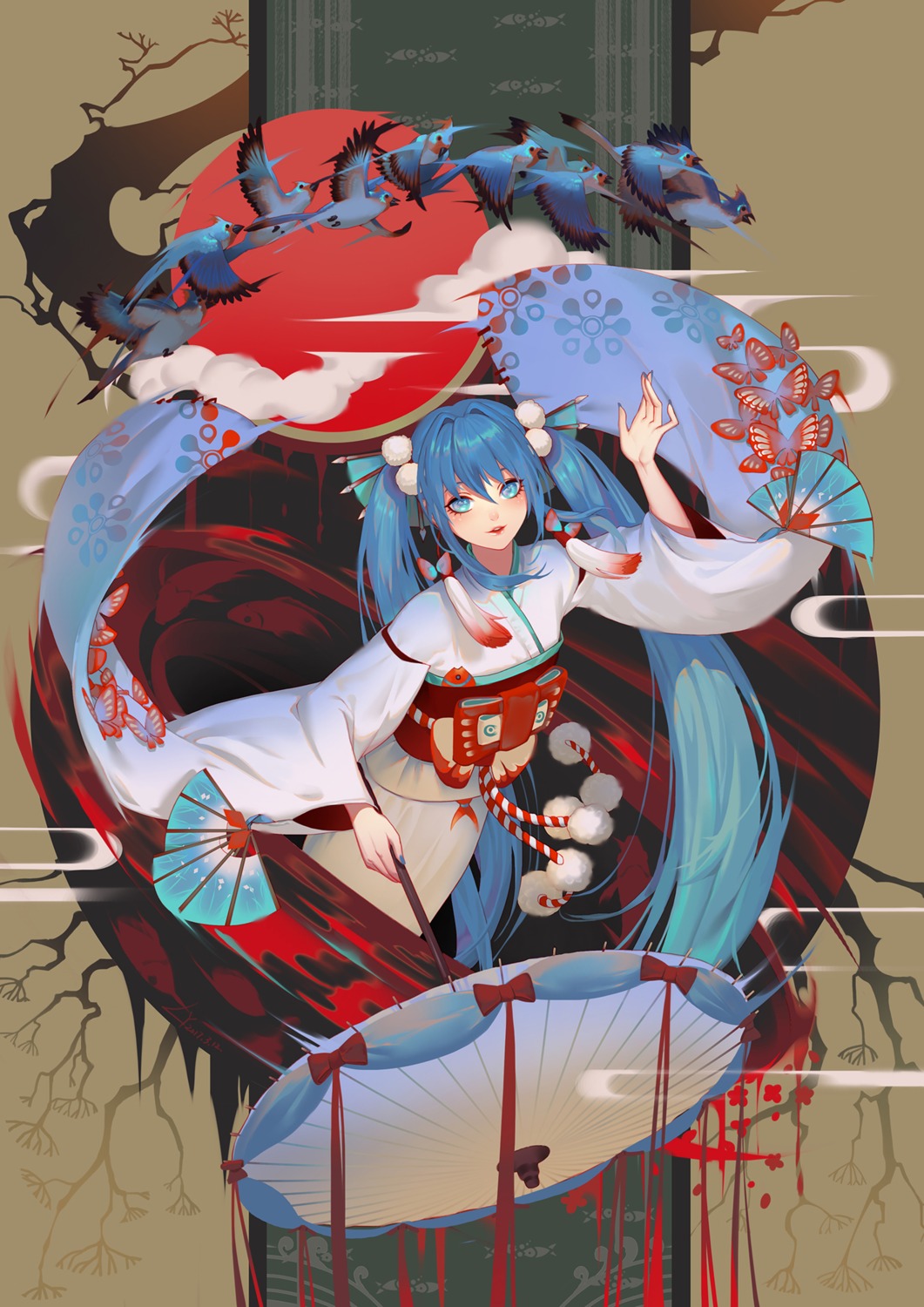 hatsune_miku, japanese_clothes, lian_yao, umbrella, vocaloid