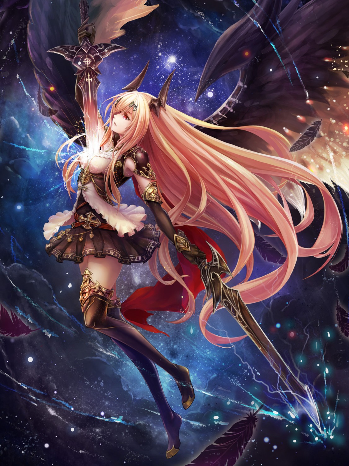 armor, crossover, dark_angel_olivia, granblue_fantasy, horns, saya_kuroha, shingeki_no_bahamut, sword, thighhighs, wings
