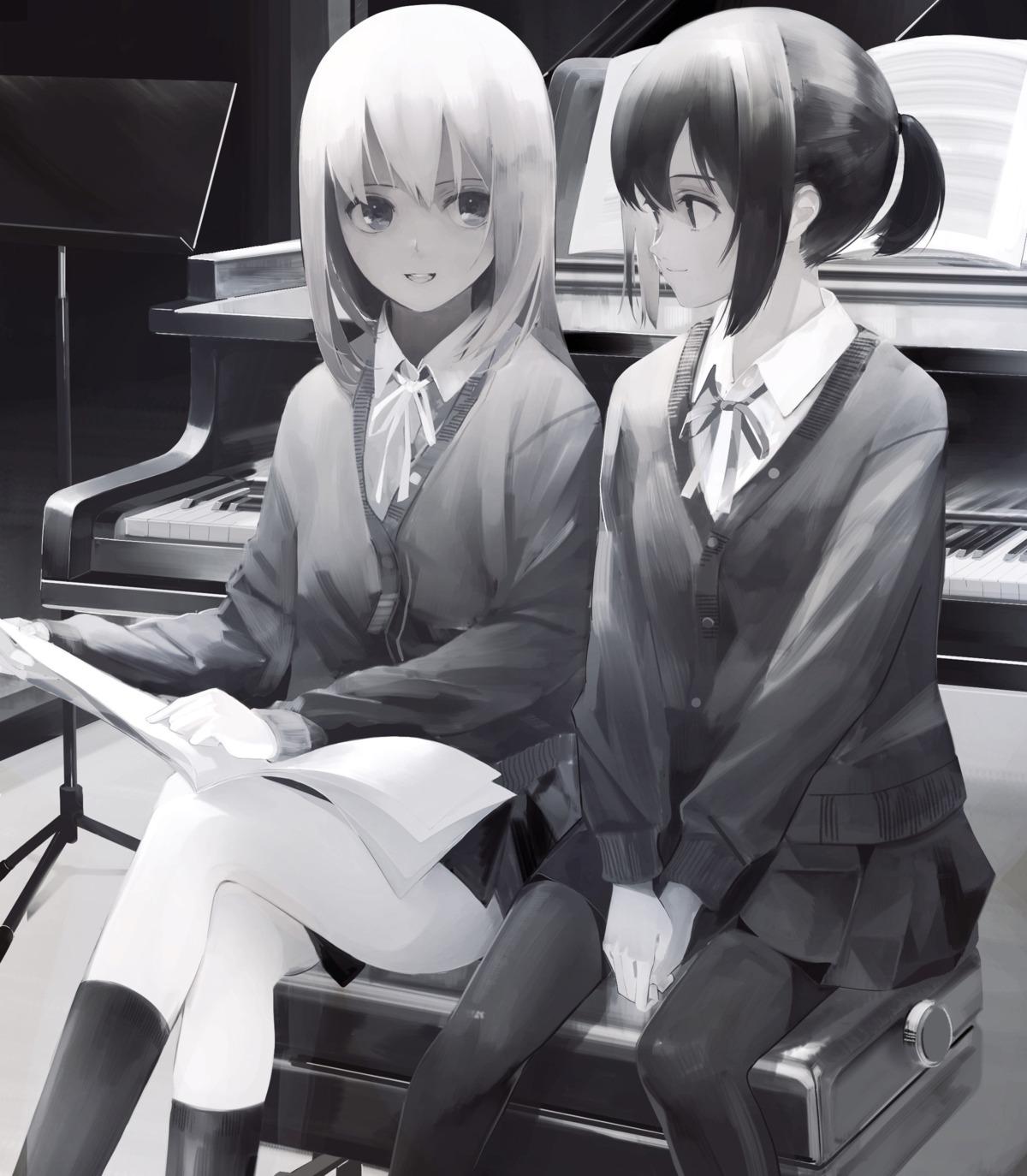 aspara, monochrome, pantyhose, seifuku