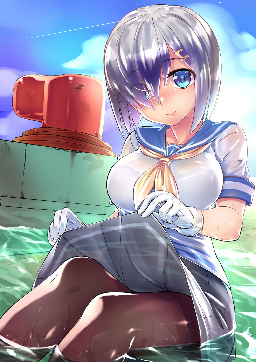 bra, hamakaze_(kancolle), kantai_collection, pantyhose, see_through, seifuku, skirt_lift, tiha