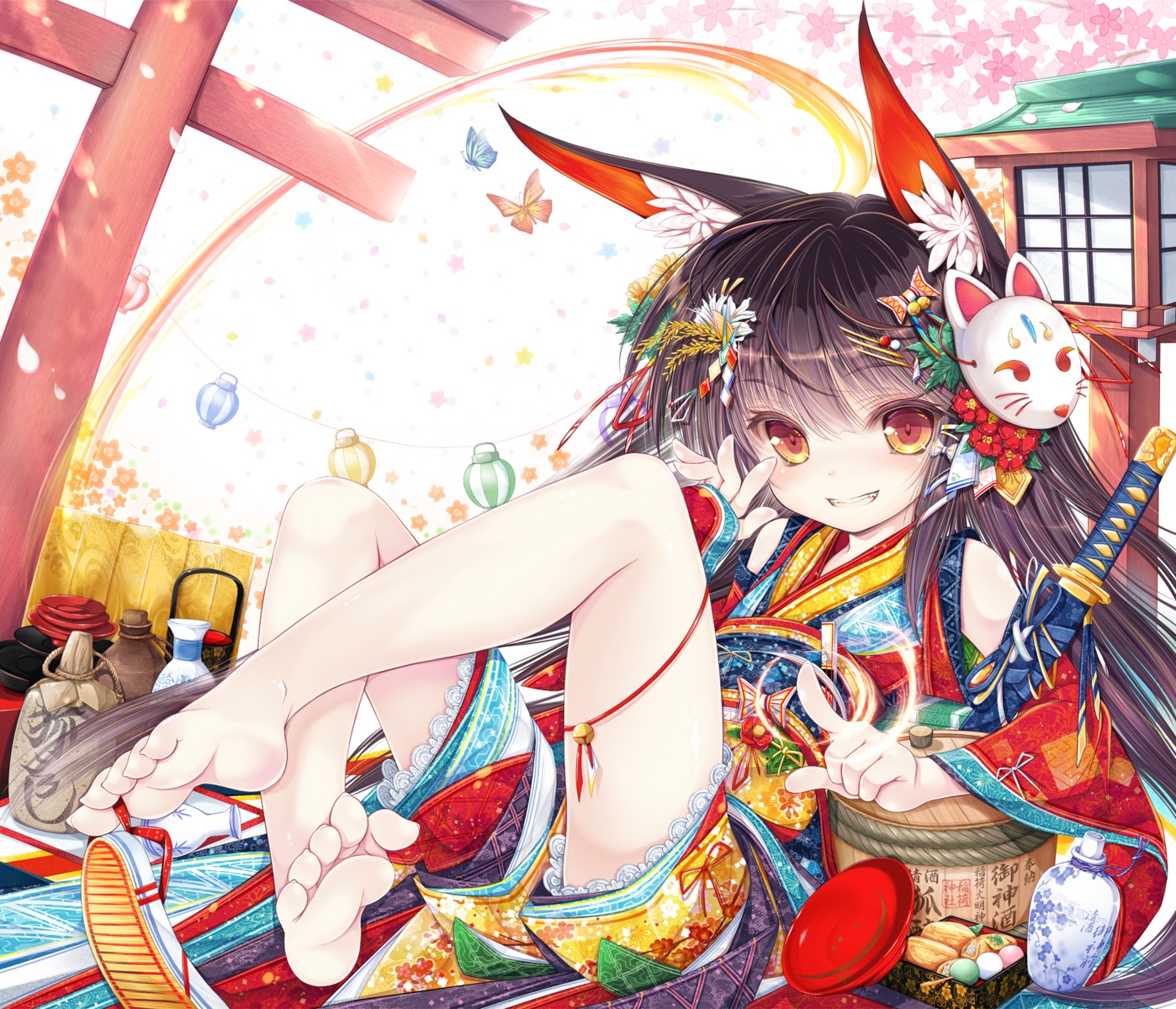 animal_ears, feet, japanese_clothes, sword, tenmu_shinryuusai