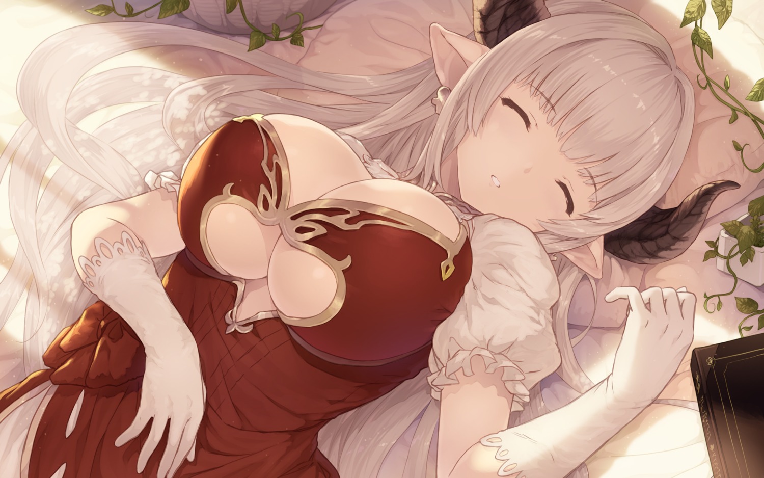 alicia_(granblue_fantasy), cait, cleavage, dress, granblue_fantasy, horns, pointy_ears, underboob, wallpaper
