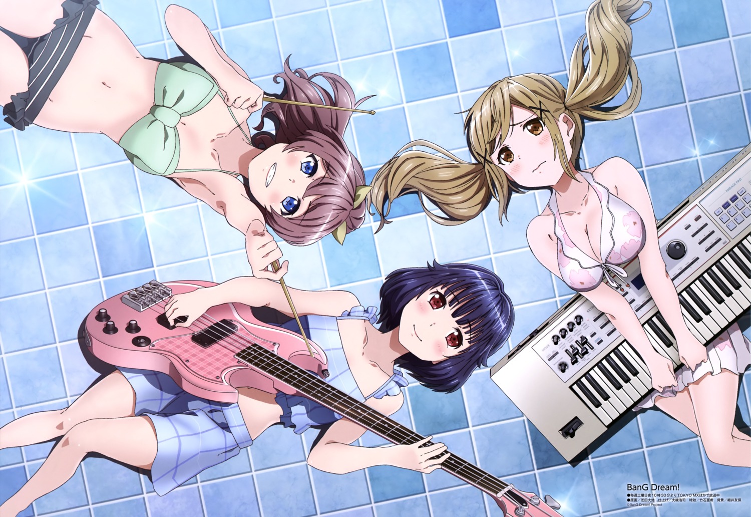 bang_dream!, bikini, breast_hold, cleavage, guitar, ichigaya_arisa, shibata_daichi, swimsuits, ushigome_rimi, yamabuki_saaya