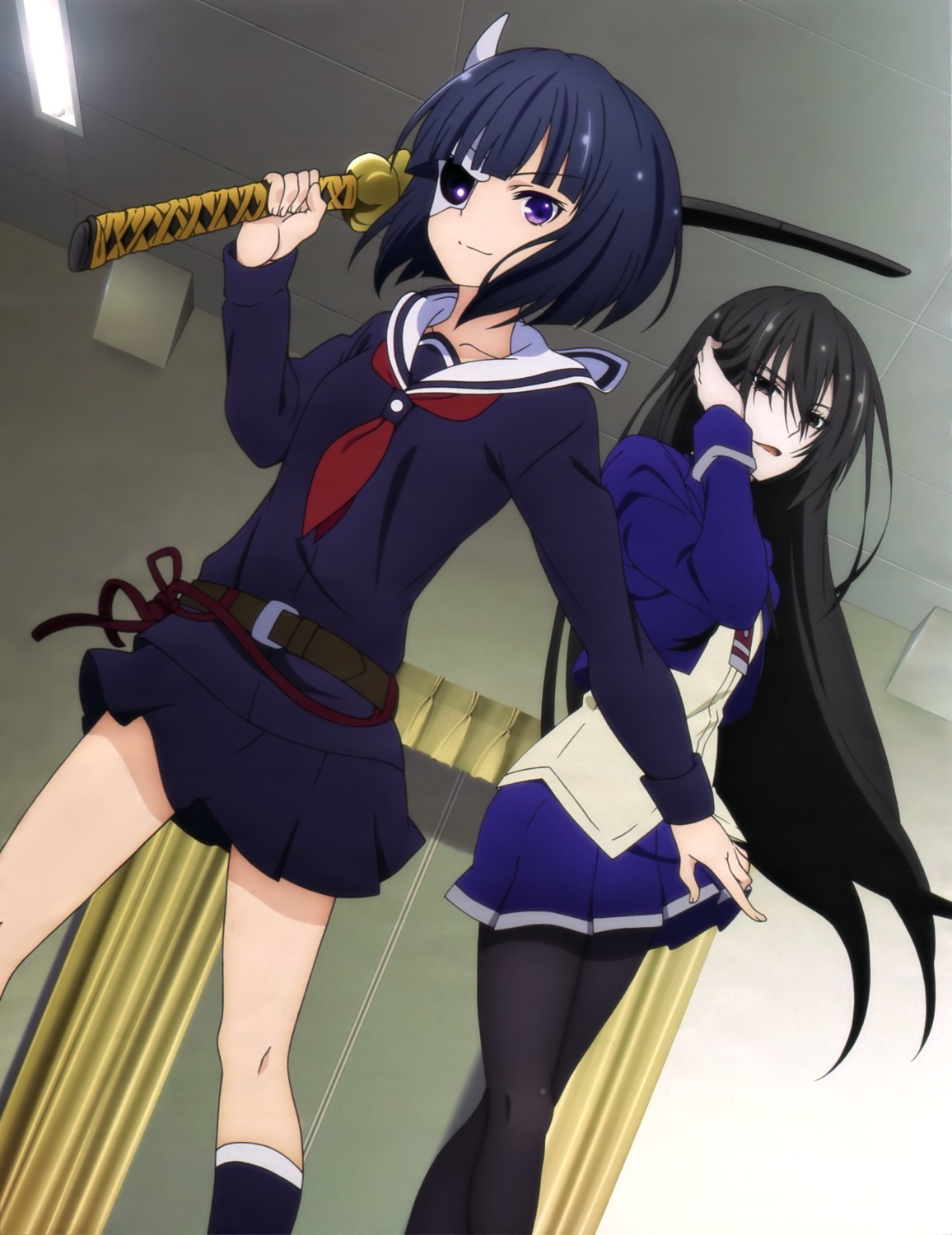 amou_kirukiru, busou_shoujo_machiavellism, onigawara_rin, pantyhose, seifuku, sword