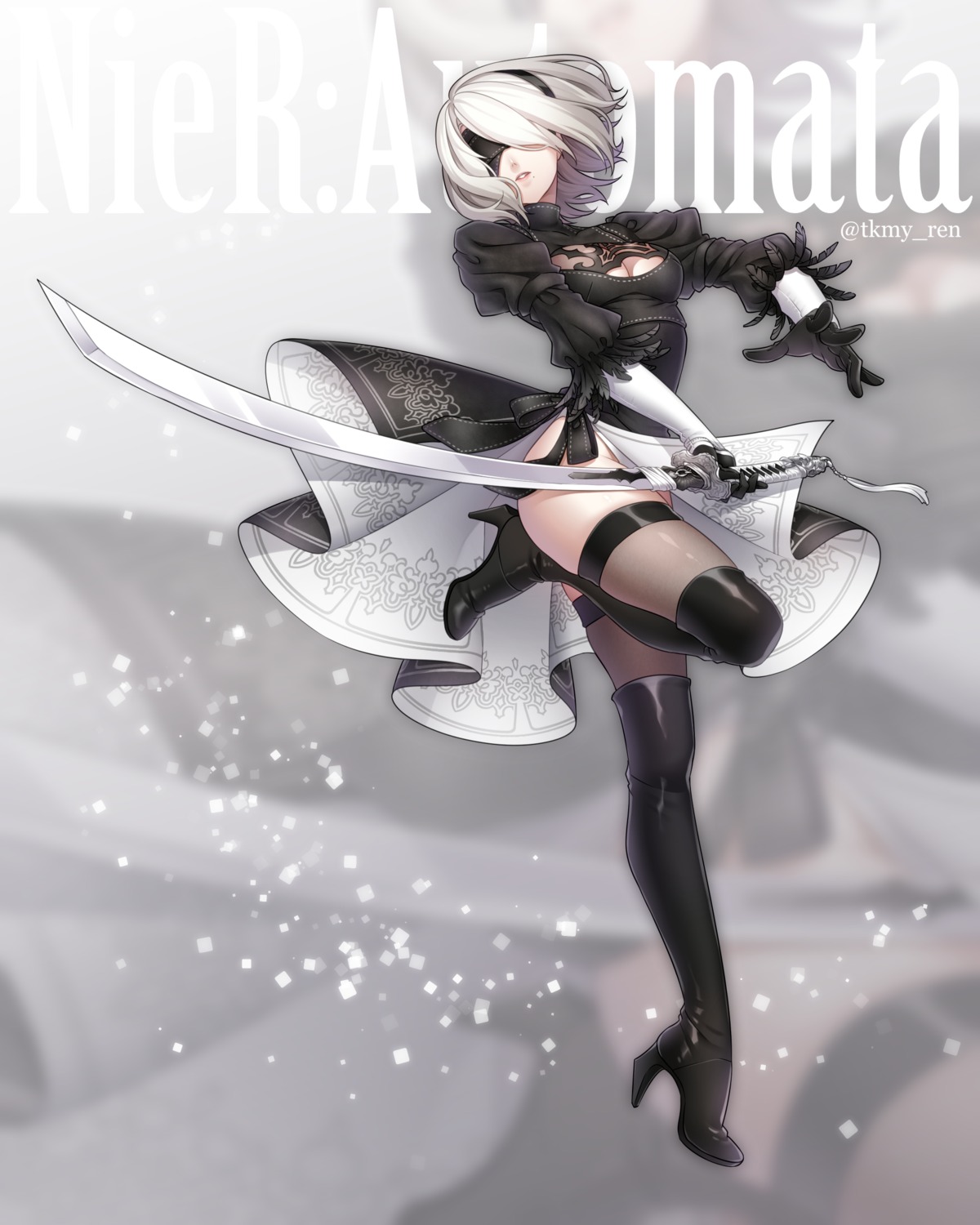 cleavage, dress, heels, nier, nier_automata, sword, takamiya_ren, thighhighs