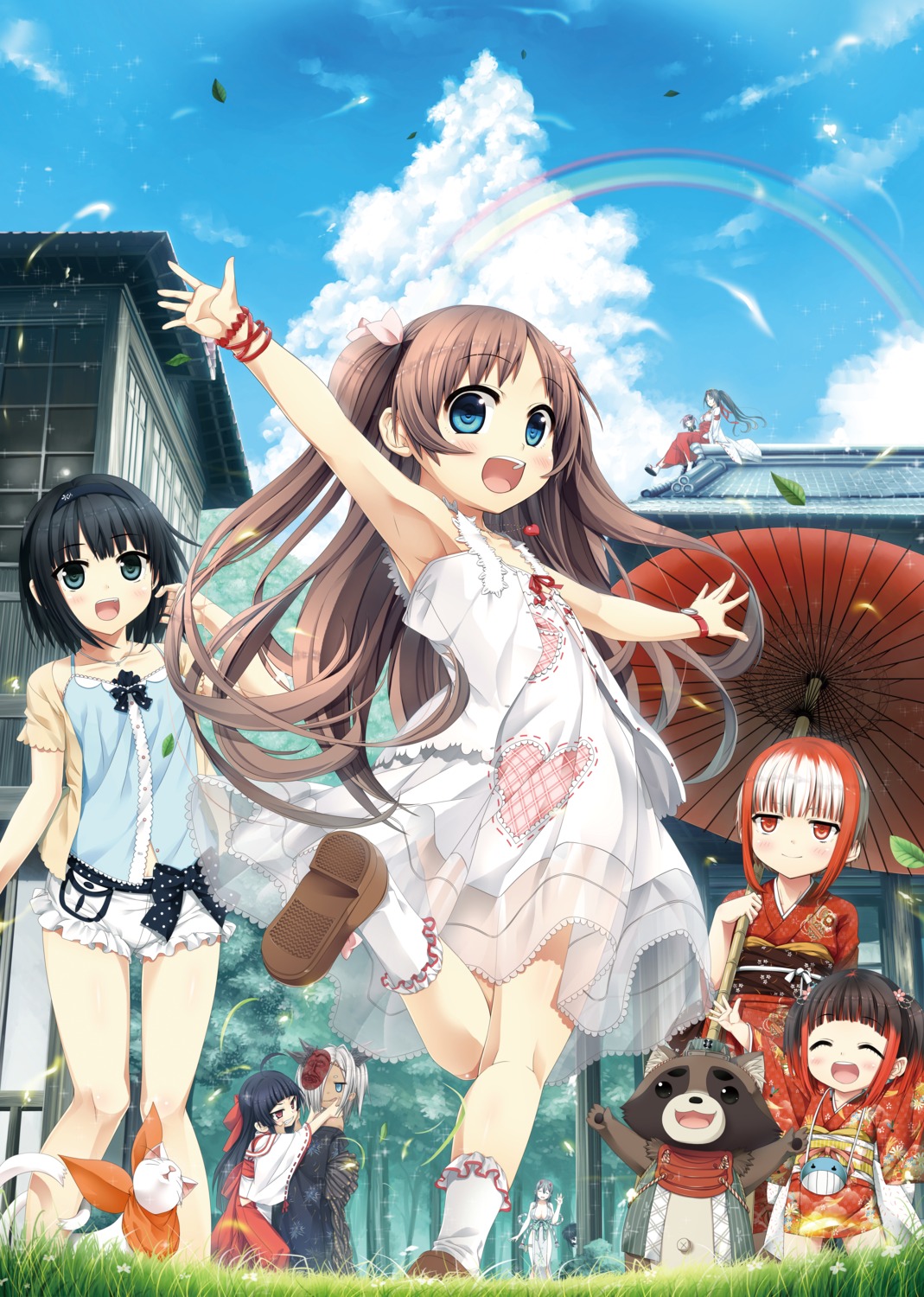 arishima_alice, chima_(monobeno), cura, digital_version, dress, emi_(monobeno), himemiya, kimono, lose, miko, monobeno, nanatsurao, sawai_natsuha, see_through, seishin_himemiya, sumi_(monobeno), takijorou, teppou_utare_tanuki, tooko, tsumi, umbrella