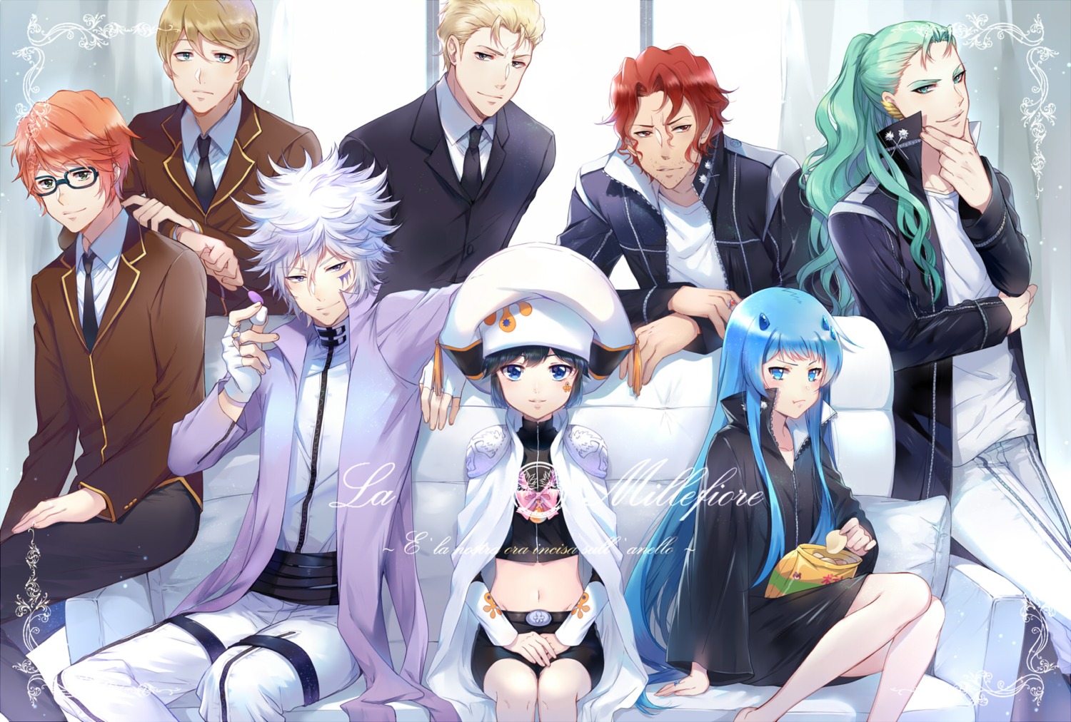 bluebell, business_suit, byakuran, dress, ekita_xuan, gamma_(reborn), irie_shouichi, katekyo_hitman_reborn!