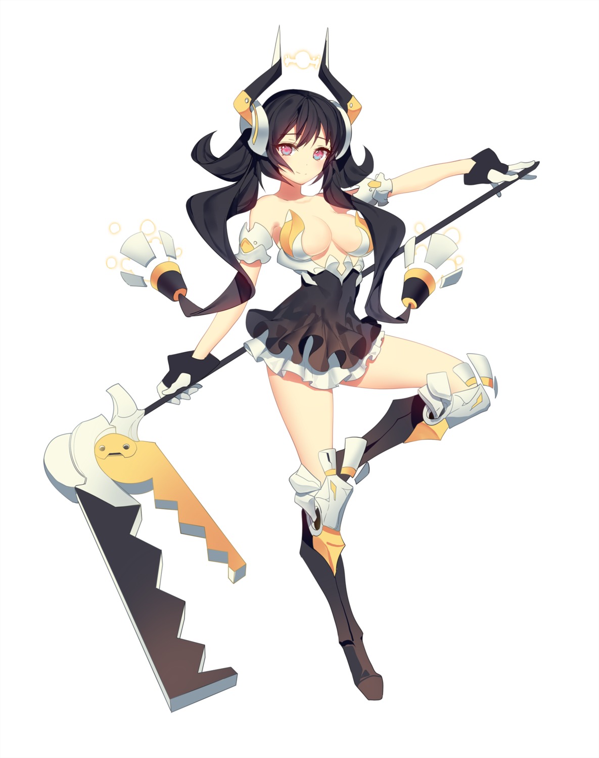 armor, dress, horns, no_bra, ronopu, weapon