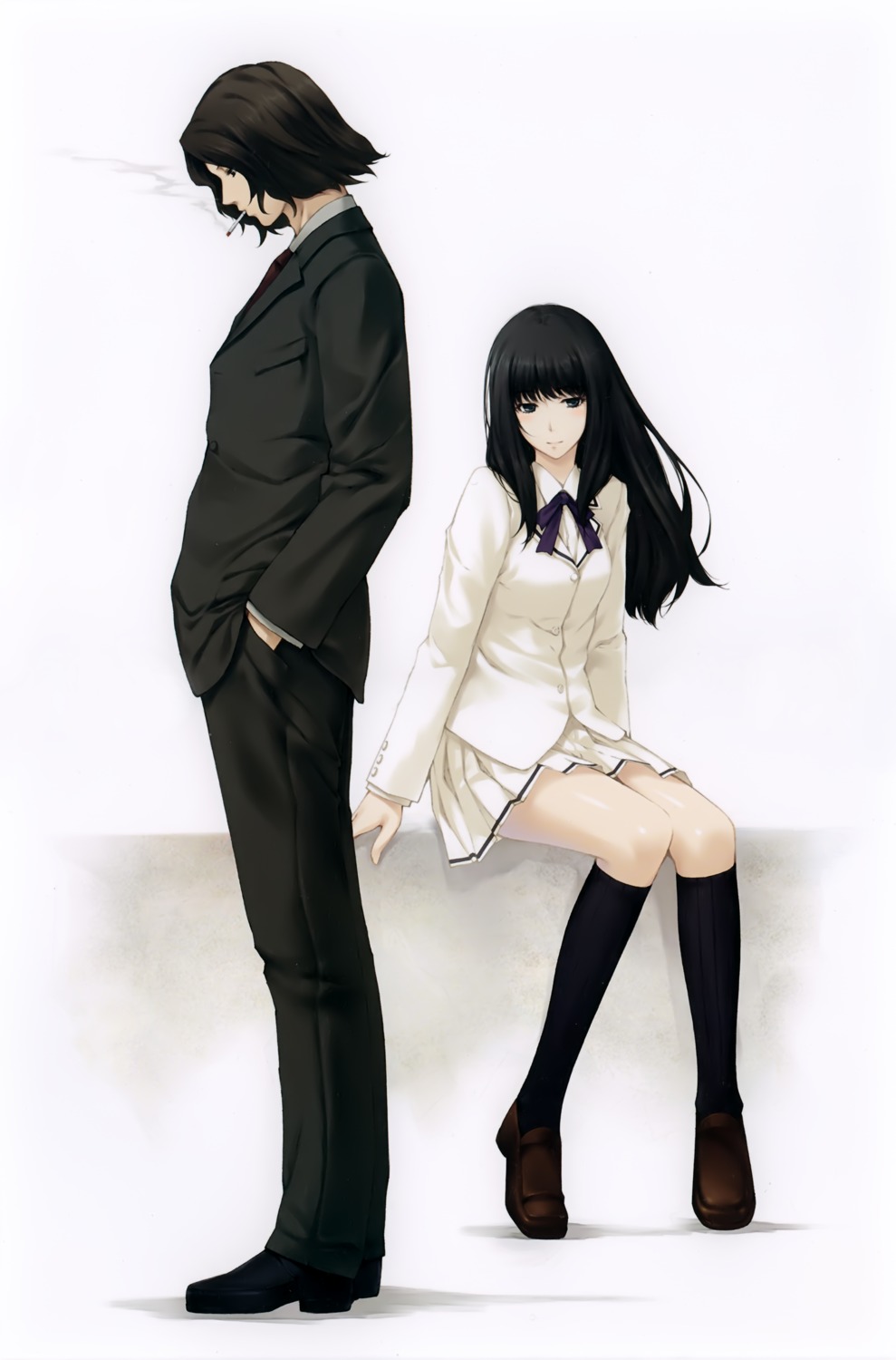 business_suit, kara_no_shoujo, kuchiki_touko, seifuku, smoking, sugina_miki, tokisaka_reiji