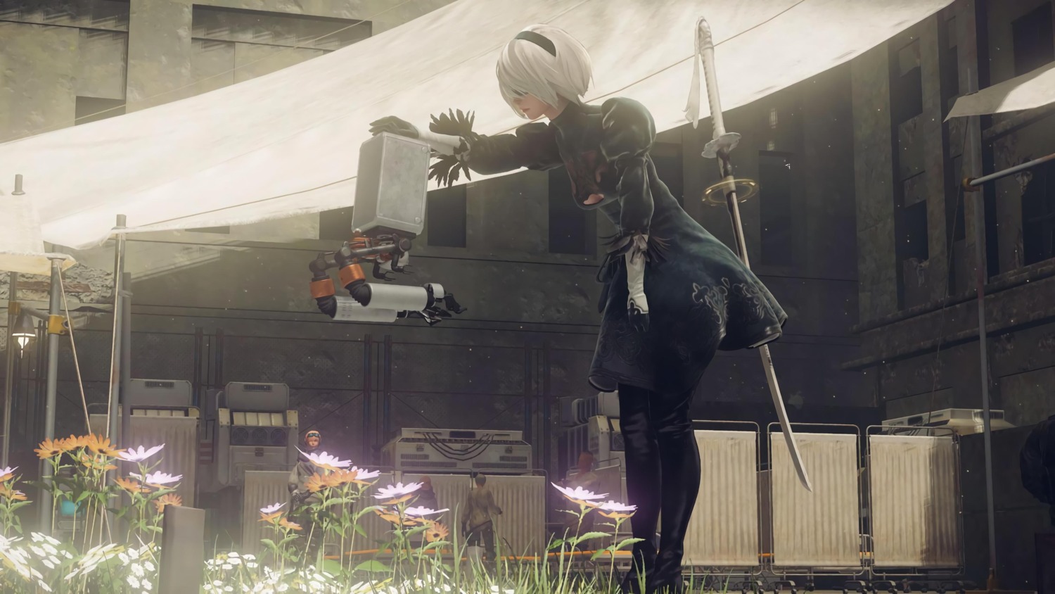 cap, cleavage, dress, nier, nier_automata, sword, yorha_no.2_type_b, yoshida_akihiko