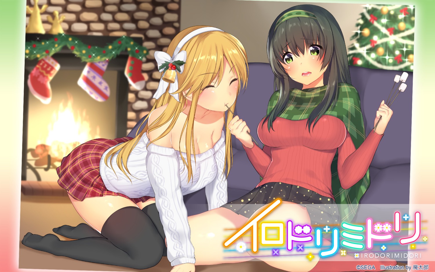 christmas, cleavage, irodori_midori, matarou, ogata_aliciana, sweater, thighhighs, tsukisuzu_shirona, wallpaper