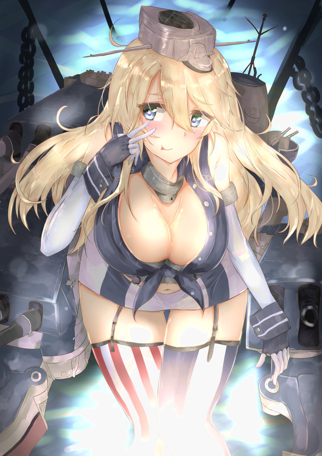 cleavage, iowa_(kancolle), kantai_collection, open_shirt, riyo_(ryon_96), stockings, thighhighs