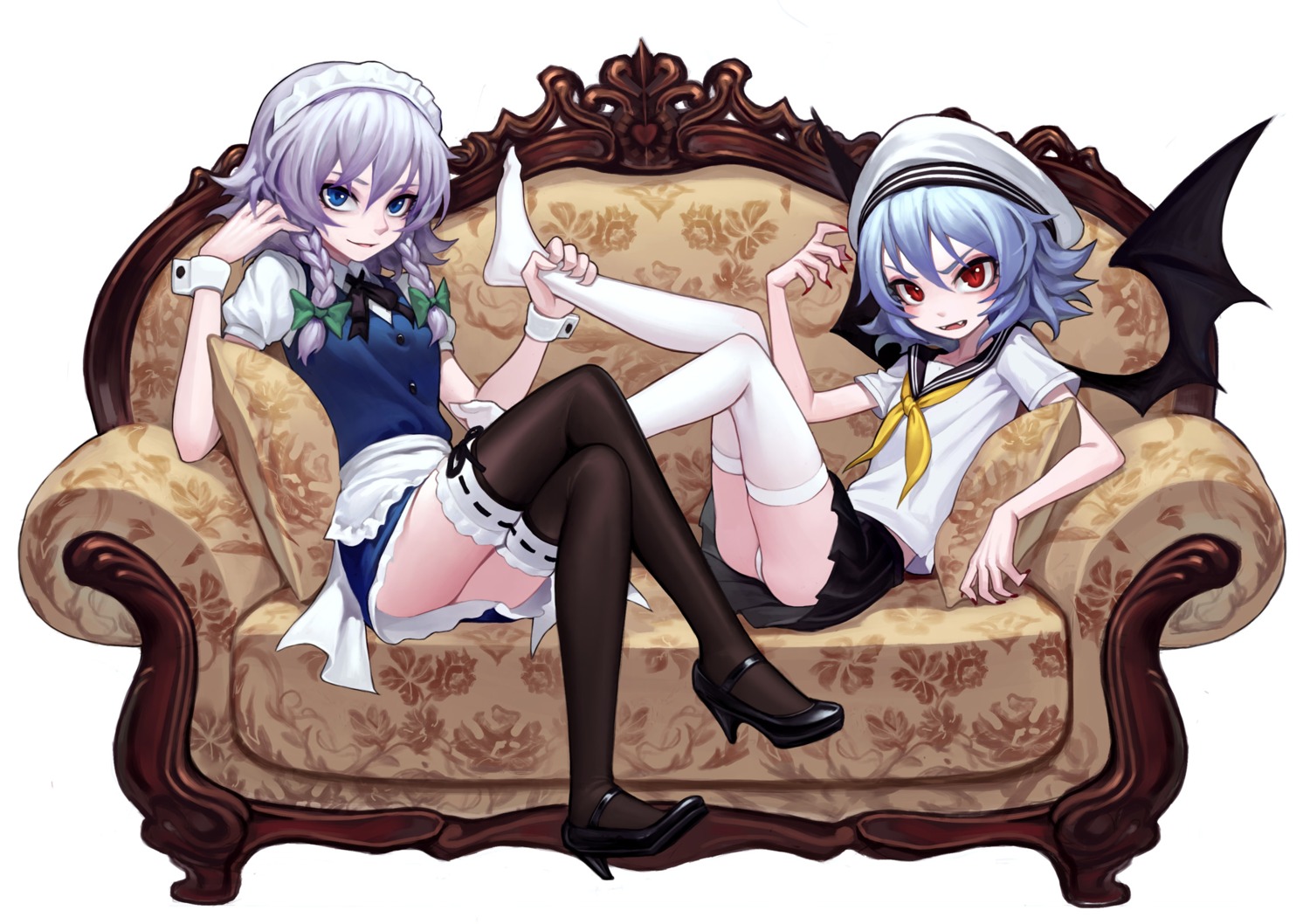 heels, izayoi_sakuya, maid, pantsu, remilia_scarlet, seifuku, thighhighs, touhou