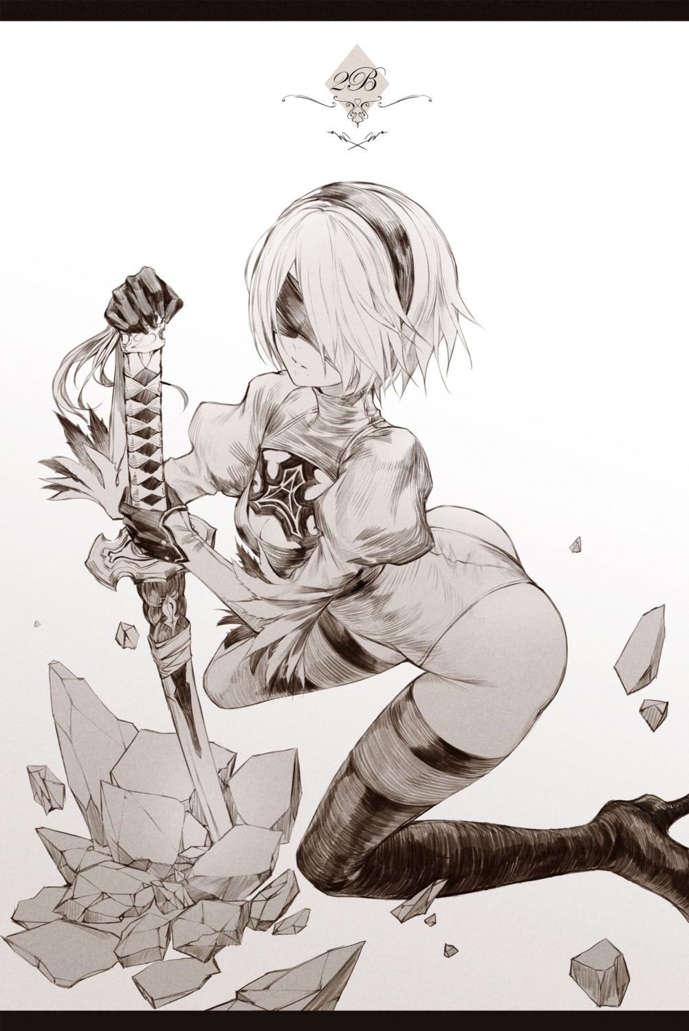cleavage, dress, heels, leotard, monochrome, nier, nier_automata, sword