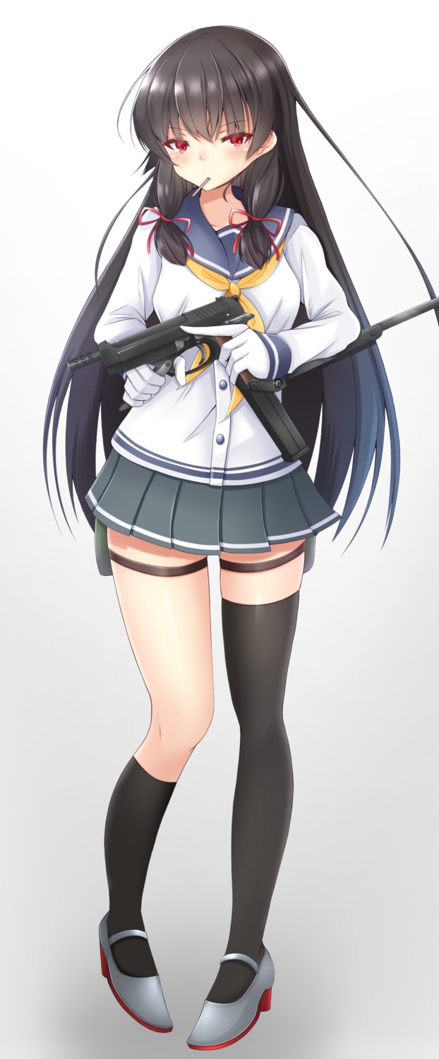doyachii, garter, gun, heels, isokaze_(kancolle), kantai_collection, seifuku, thighhighs
