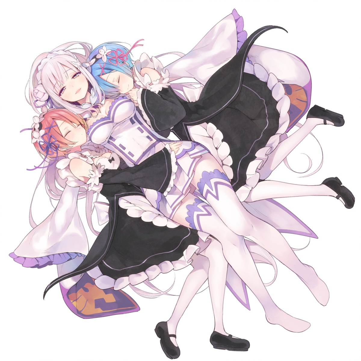cleavage, emilia_(re_zero), hiyo_kiki, maid, ram_(re_zero), re:zero_kara_hajimeru_isekai_seikatsu, rem_(re_zero), thighhighs