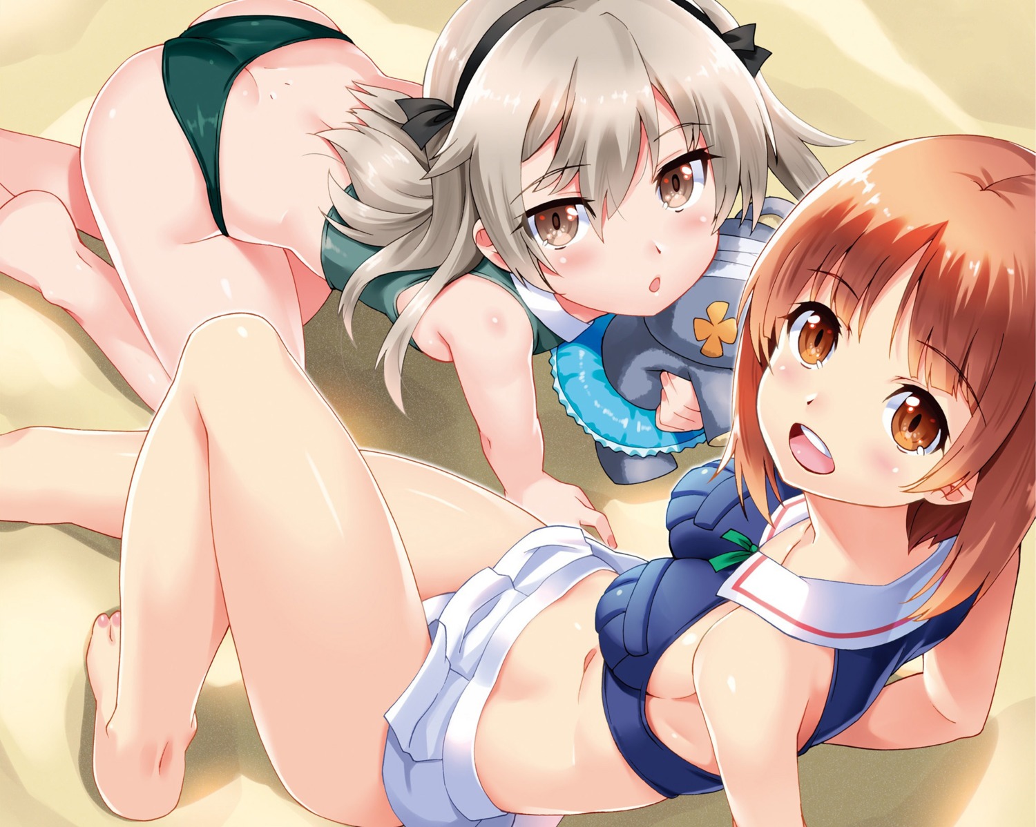 ass, bandages, bikini, girls_und_panzer, nishizumi_miho, shimada_arisu, shinozuka_atsuto, swimsuits, tagme
