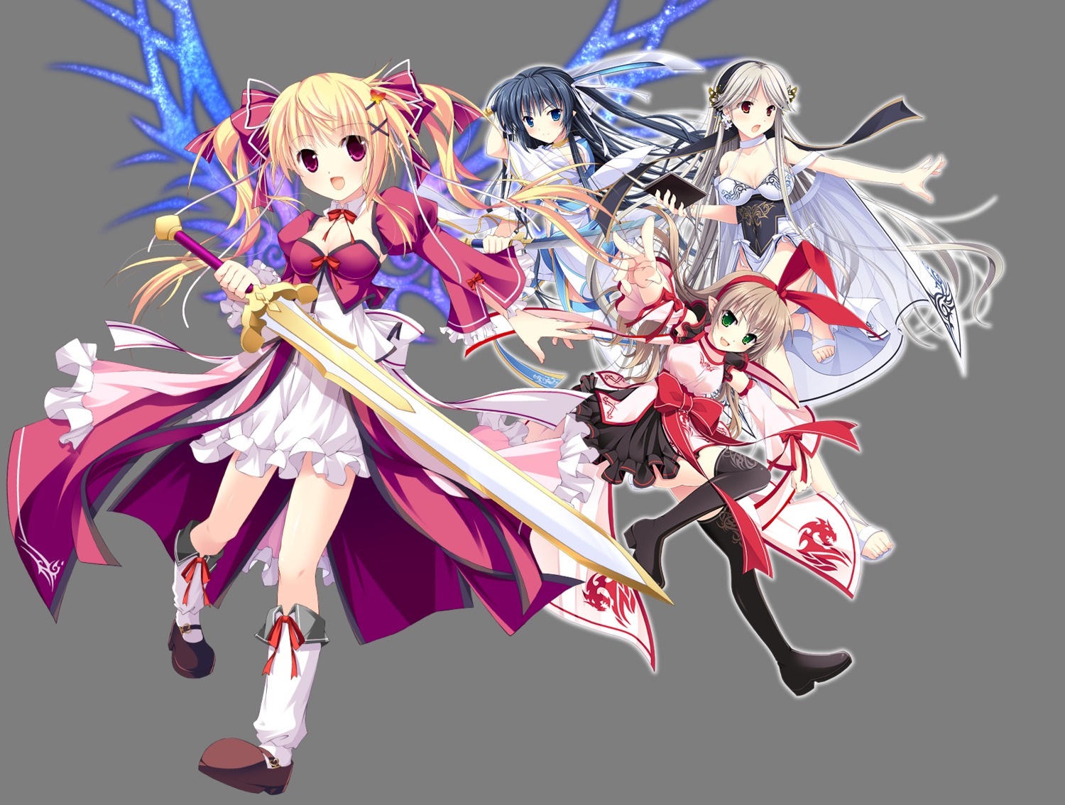 cleavage, debonosu, dress, heels, pointy_ears, see_through, sword, thighhighs, transparent_png, wings, yamamoto_kazue, yumihari_tsuki_no_michibiki_kumo_haruka