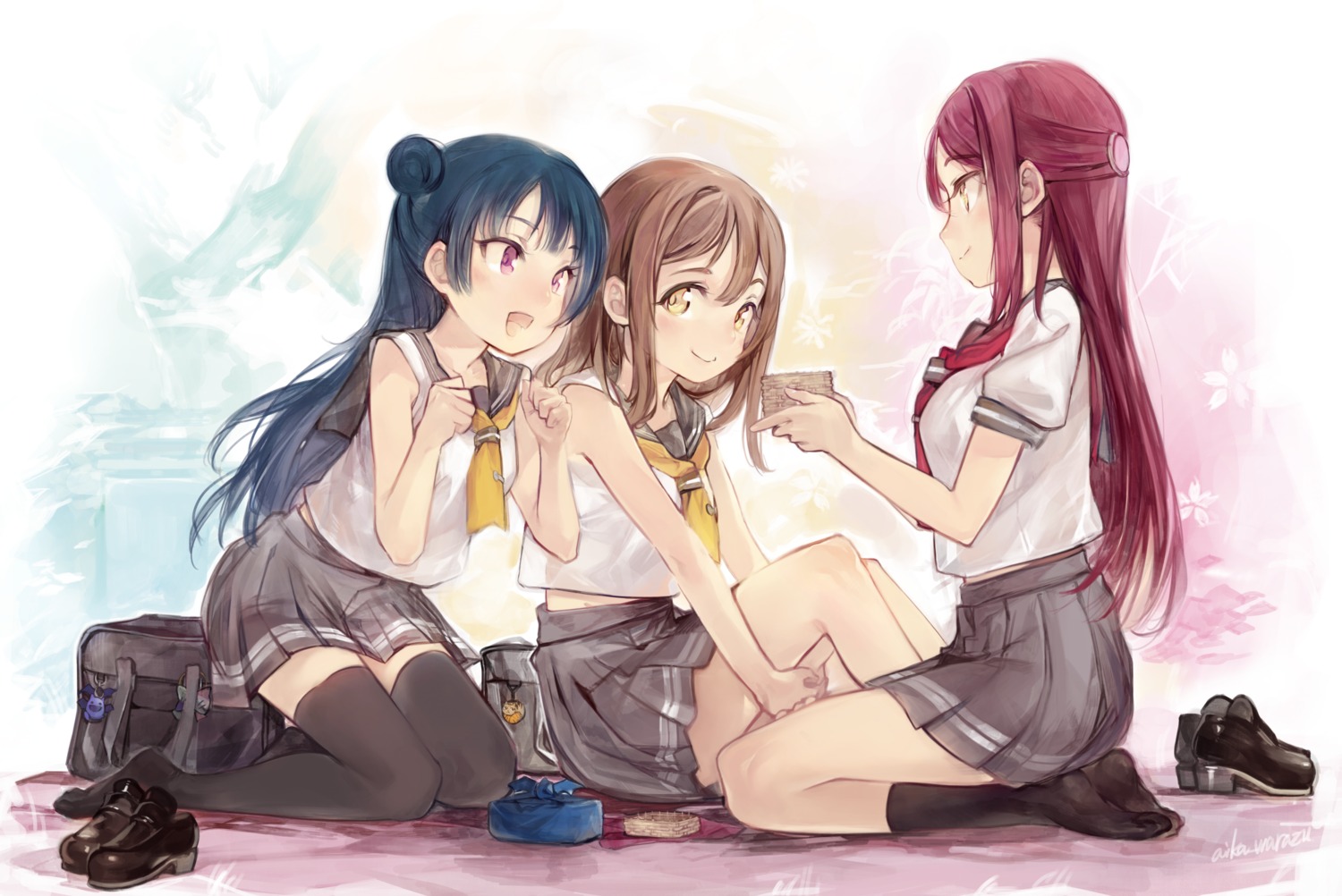 aikawa_razu, kunikida_hanamaru, love_live!_(series), love_live!_sunshine!!, sakurauchi_riko, seifuku, thighhighs, tsushima_yoshiko