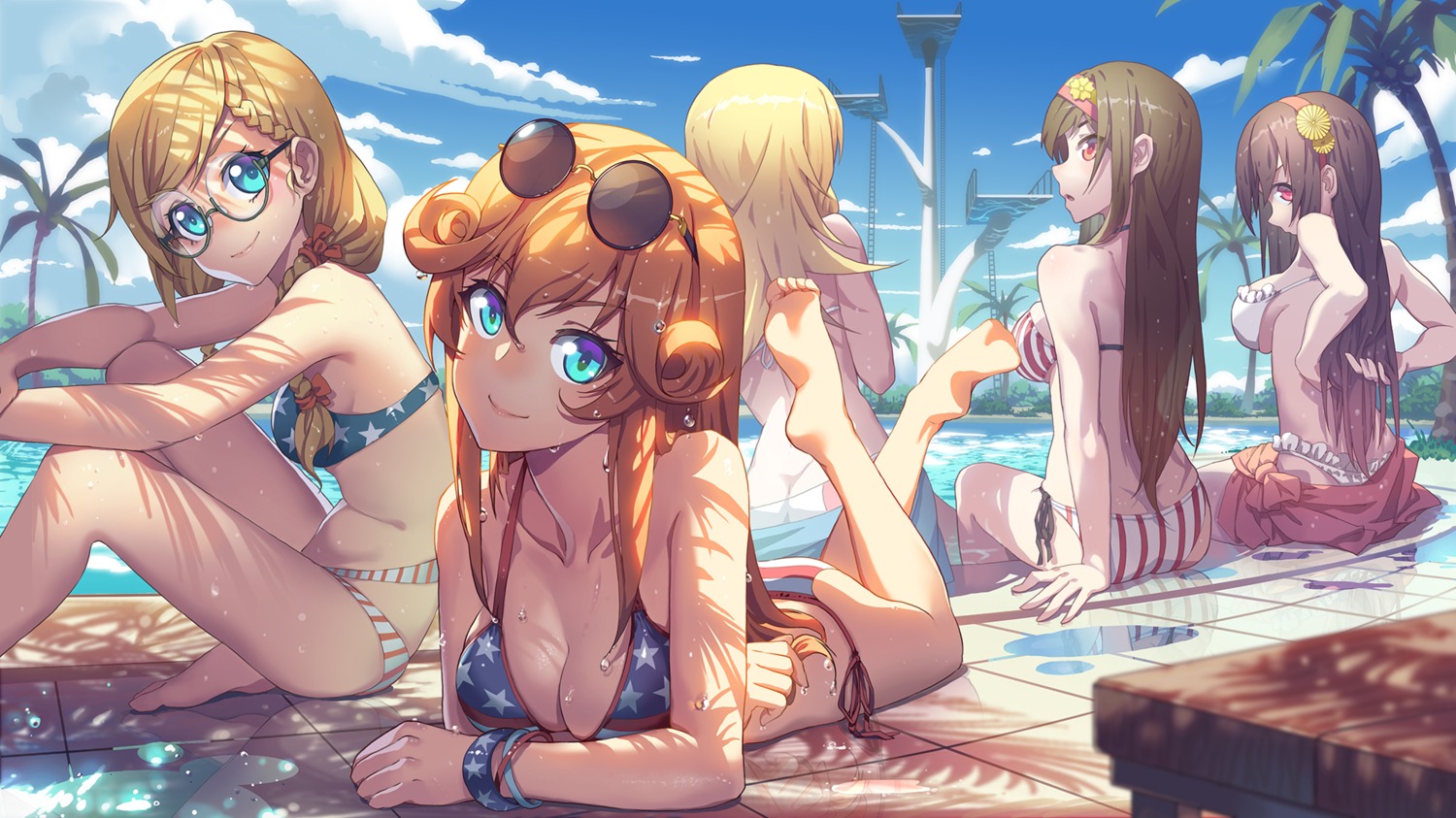 bikini, cleavage, madyy, megane, swimsuits, warship_hime, wet