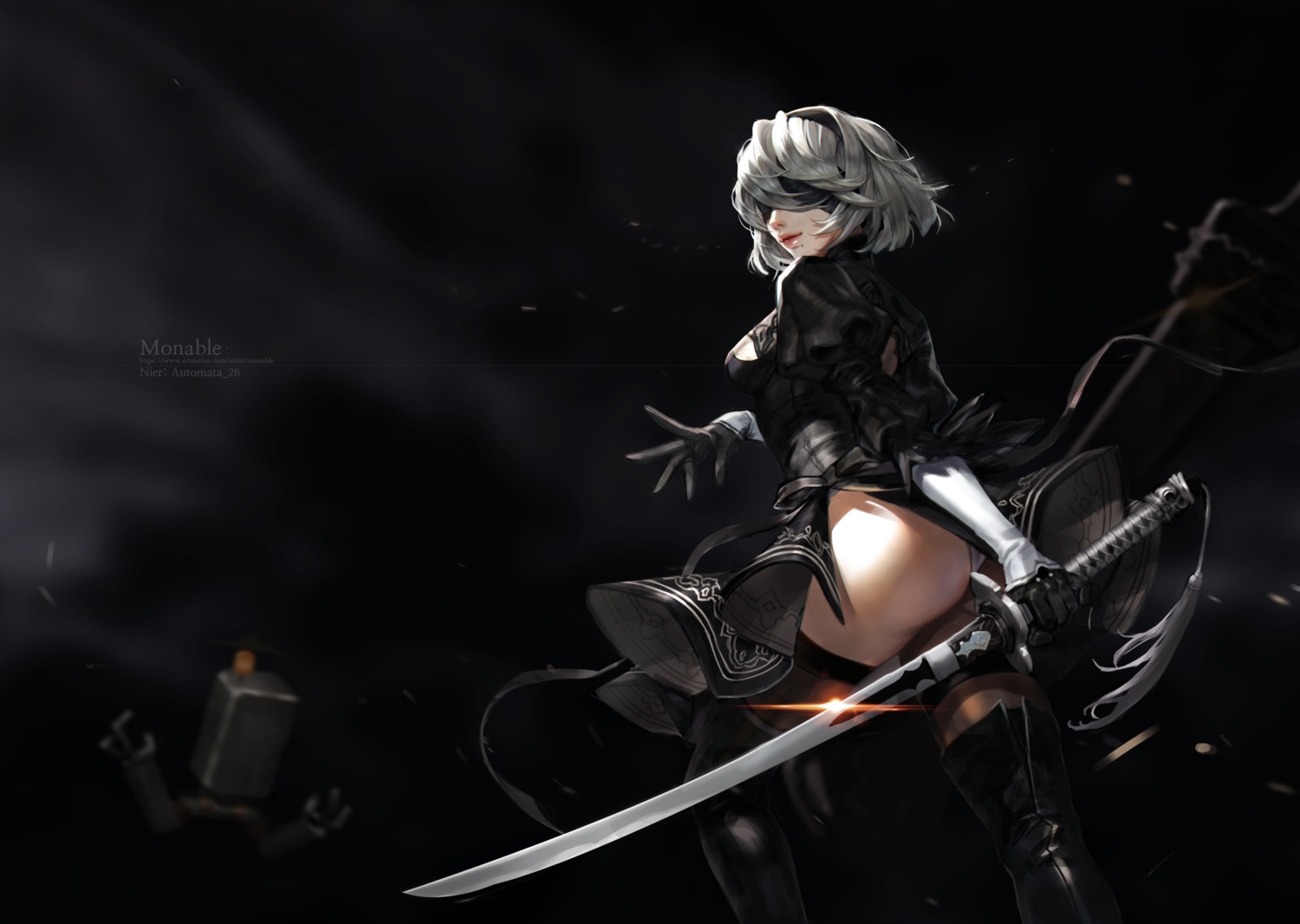 ass, dress, leotard, monable, nier, nier_automata, sword, thighhighs, yorha_no.2_type_b
